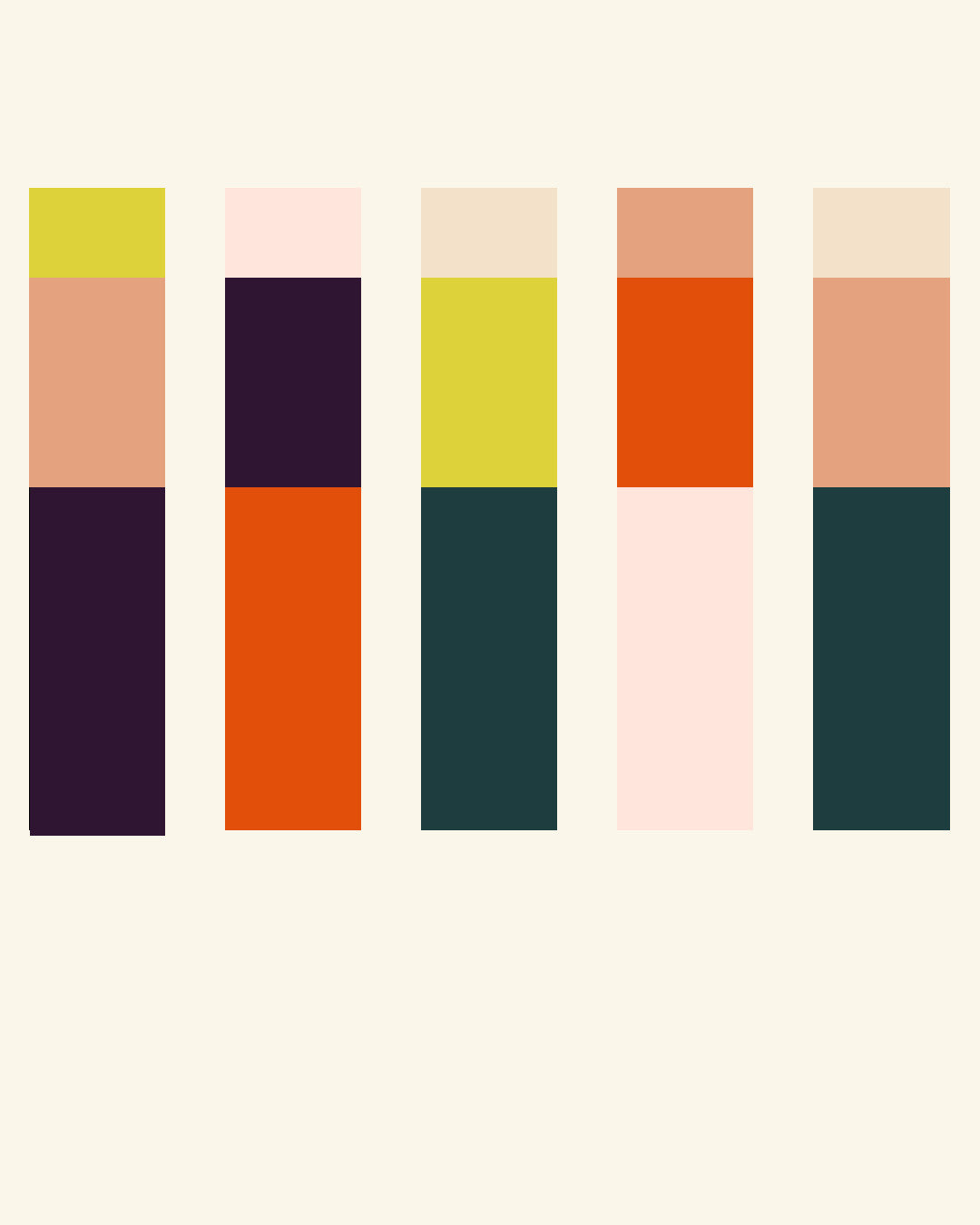Five colorful, vertical rectangles in a horizontal row against a cream background