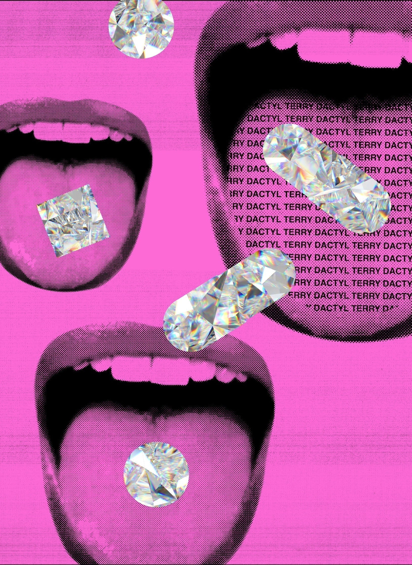 Hot pink background with three open mouths and a scattering of diamonds