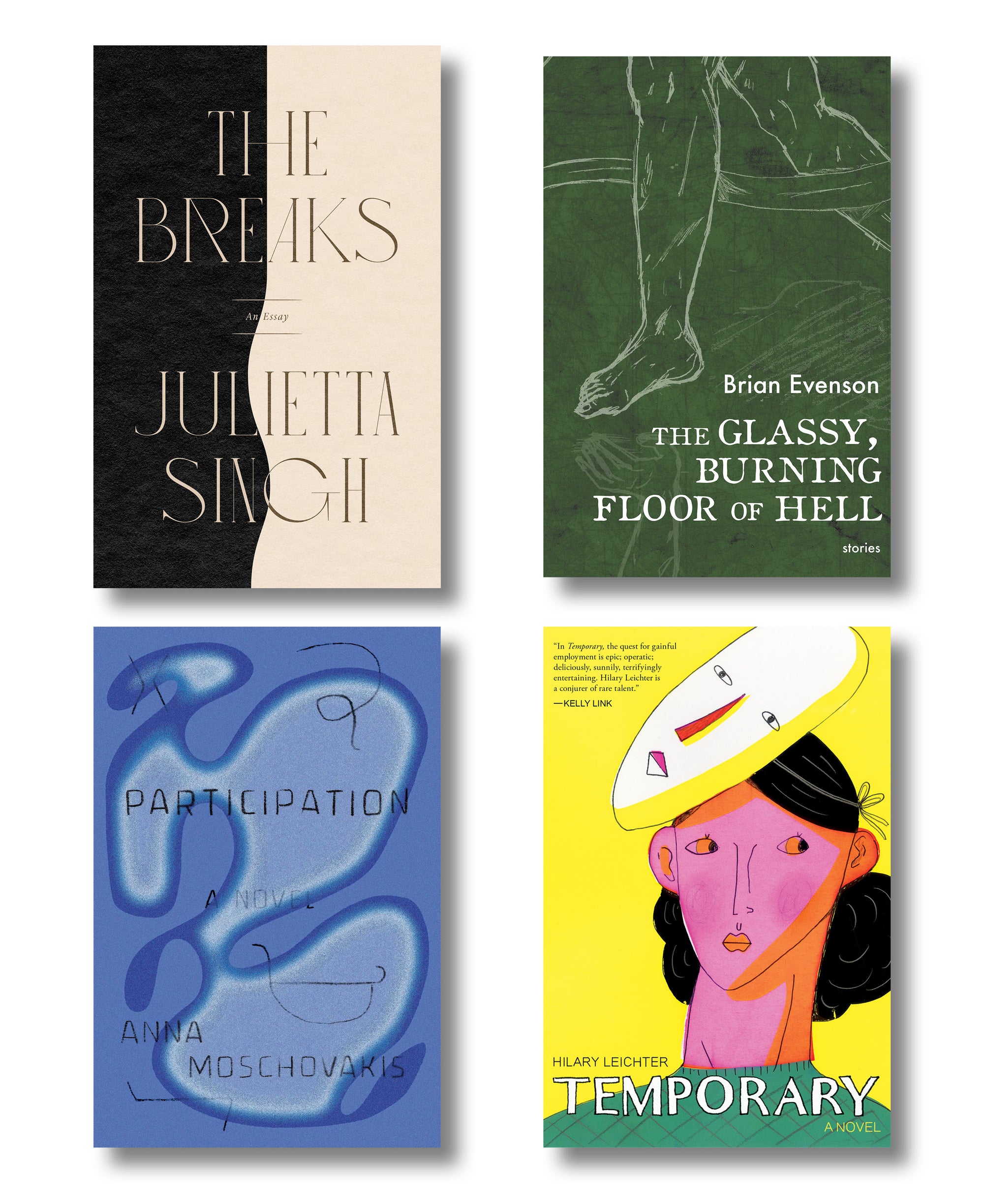 Cover of the collection Alternate Futures, featuring the covers of four titles; "The Breaks", "The Glassy, Burning Floor of Hell", "Participation", and "Temporary". 