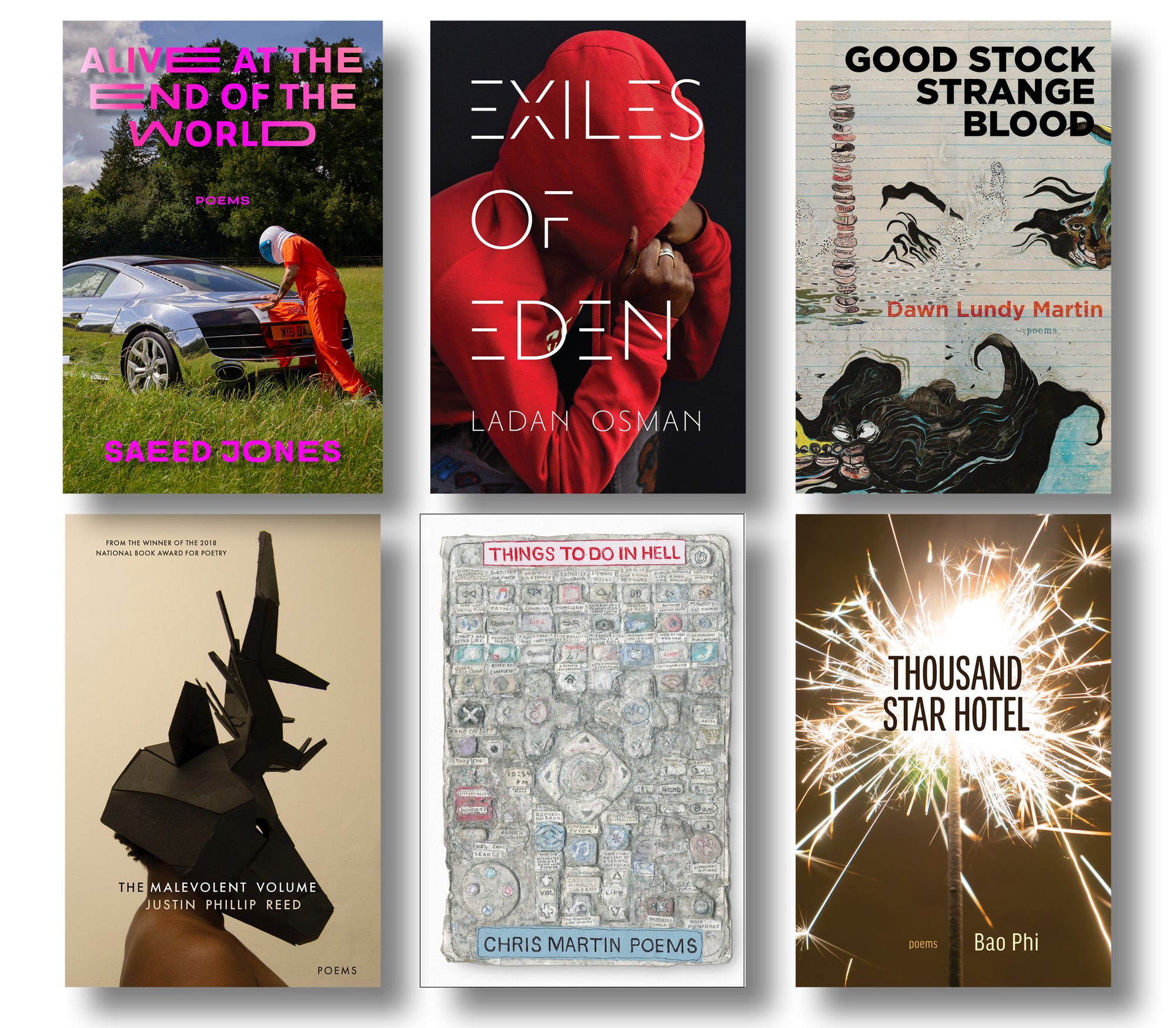 Cover of the collection Myths, Apocalypses, and Underworlds, showcasing six different titles; "Alive at the End of the World", Exiles of Eden", "Good Stock, Strange Blood", "The Malevolent Volume", "Things To Do In Hell", and "Thousand Star Hotel". 