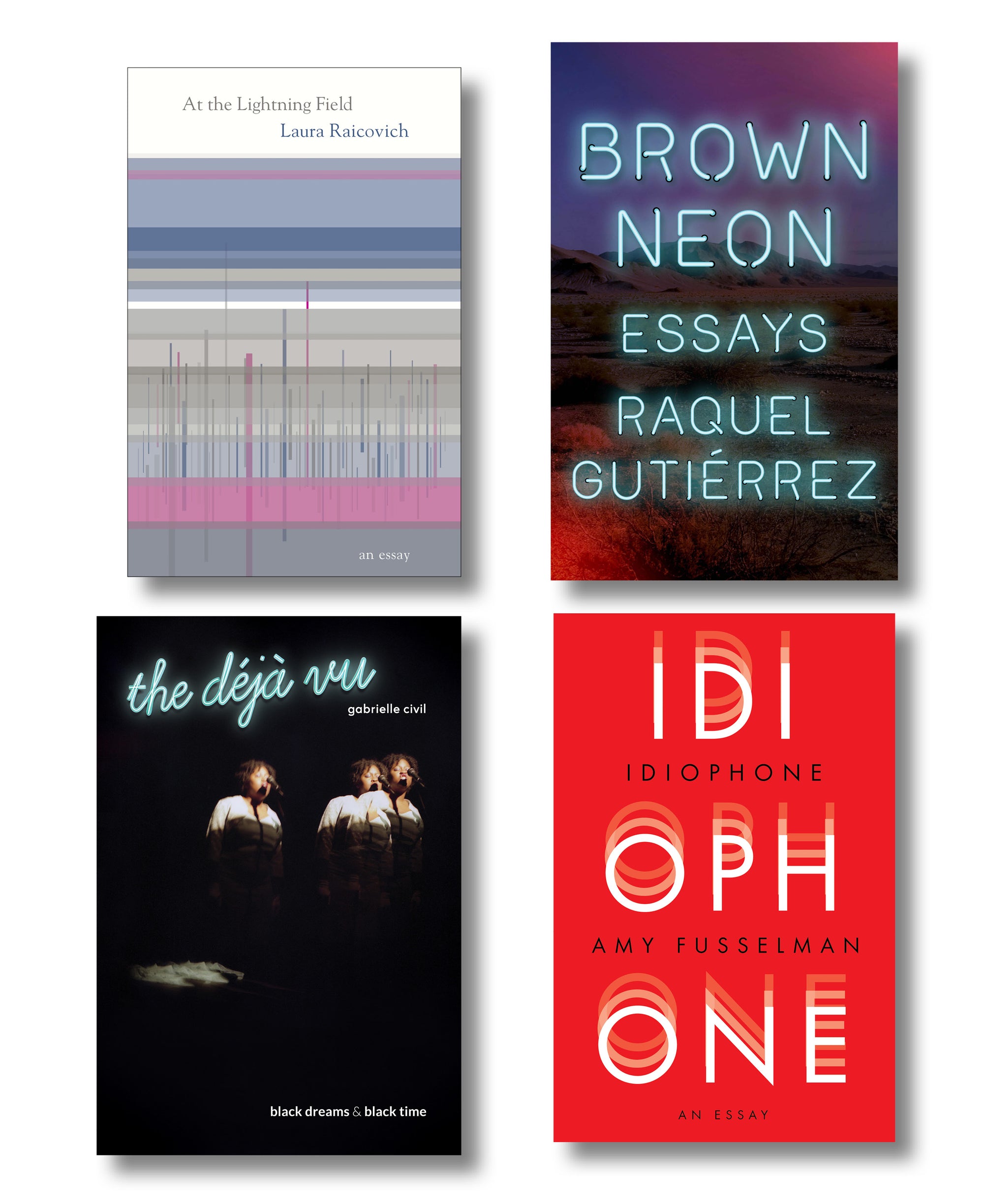 Cover of the collection On Art (Essay II), showcasing the covers of four titles; "At The Lightning Field", "Brown Neon", "The Deja Vu", and "Idiophone". 