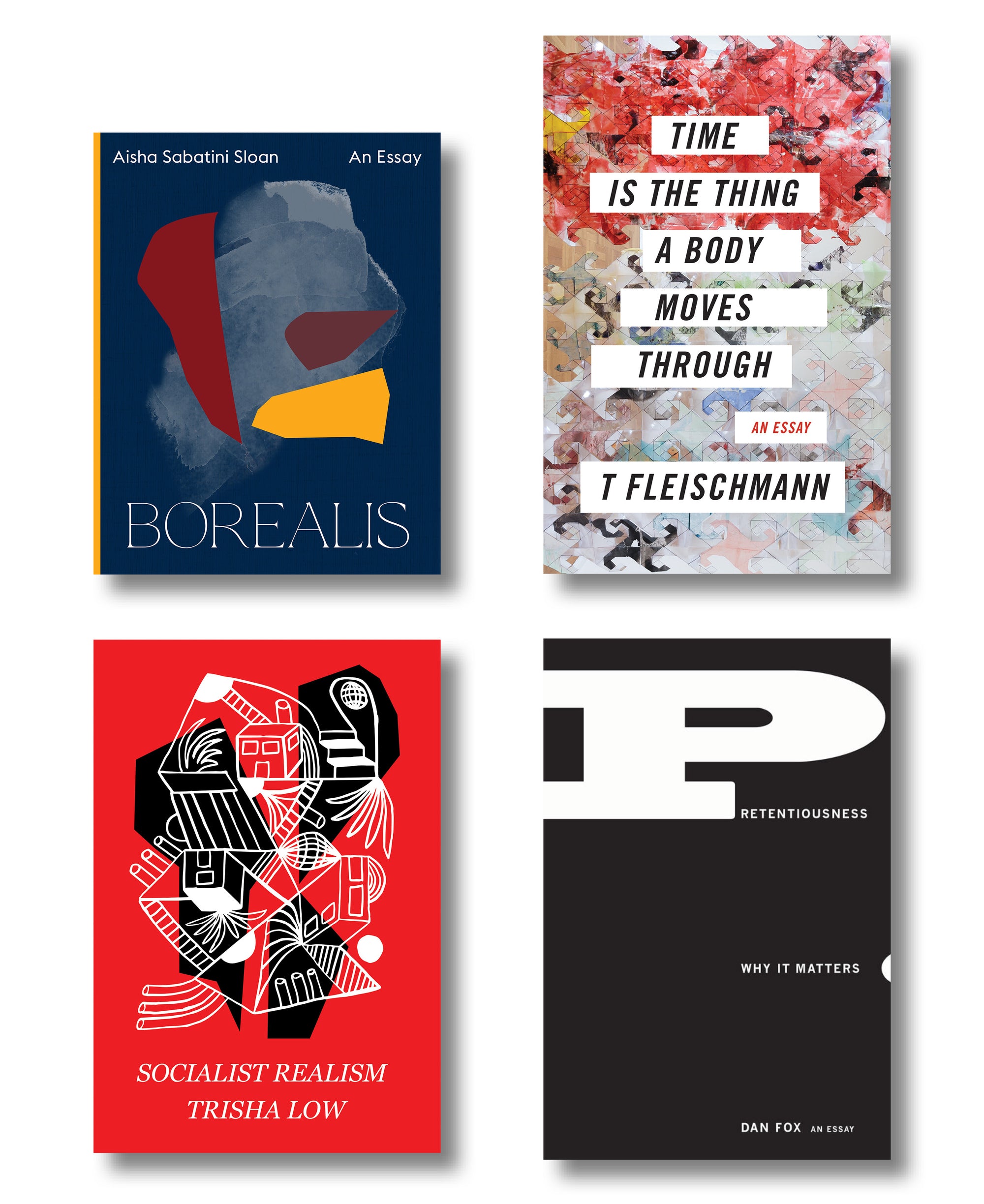 Cover of the collection On Art (Essays I), featuring the images of the four selected titles; "Borealis", "Time Is The Thing A Body Moves Through", "Socialist Realism", and "Pretentiousness". 