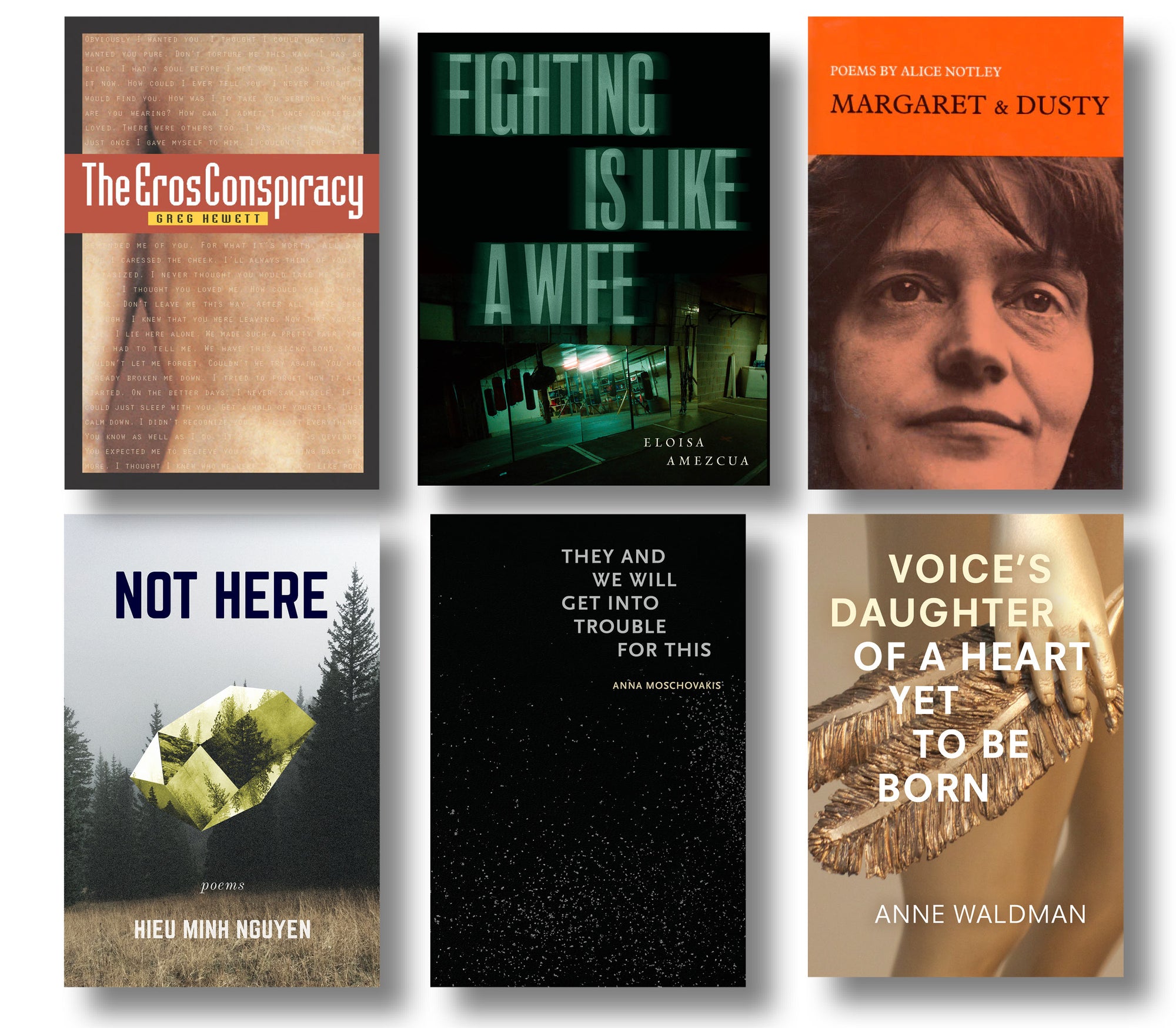 Cover of the collection Relational Ethics and Epics, which features six different titles; "The Eros Conspiracy", "Fighting Is Like A Wife", "Margaret & Dusty". "Not Here", "They And We Will Get Into Trouble For This", and "Voice's Daughter of a Heart Yet Born". 