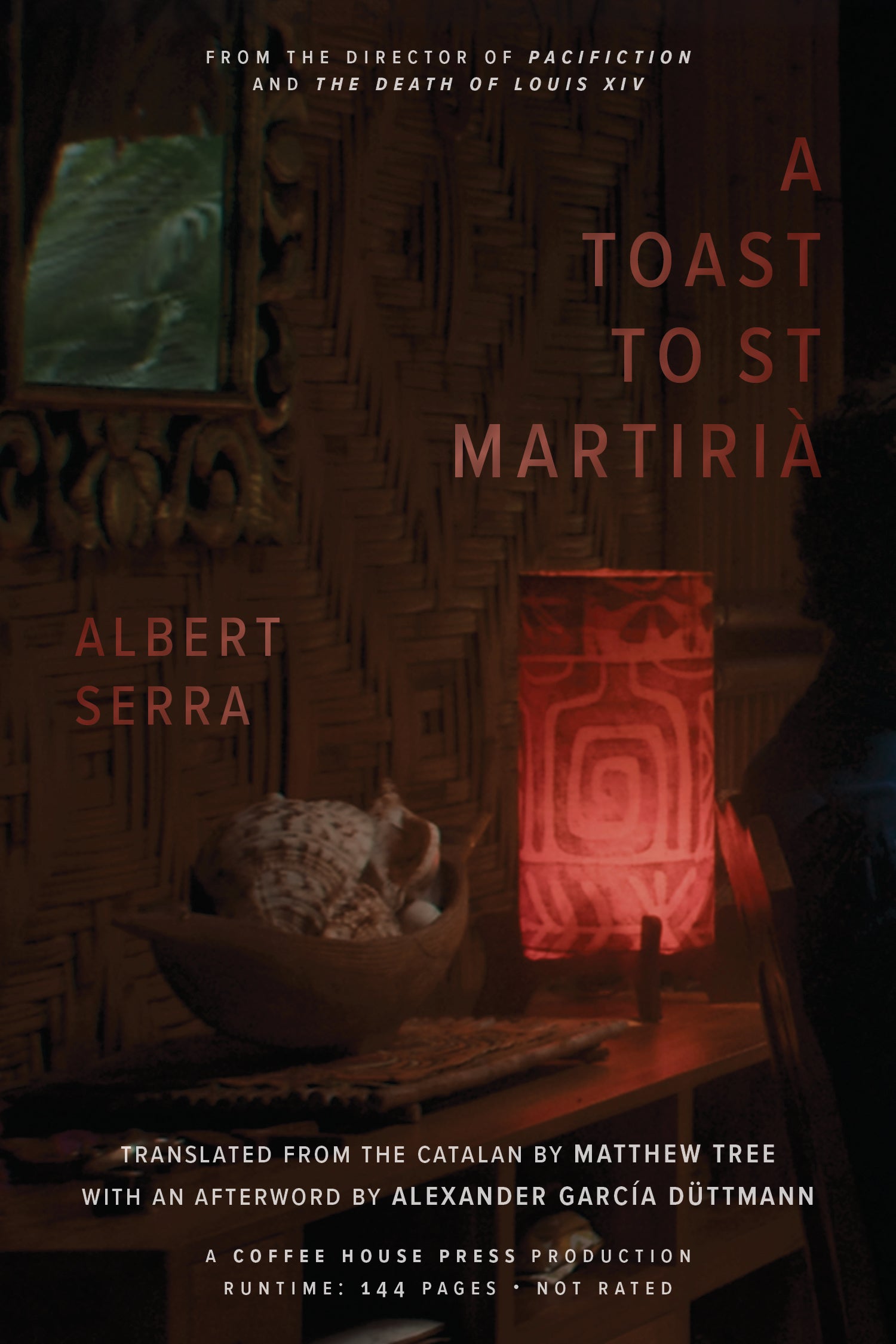 Book Cover of "A Toast to St Martirià" featuring a darkly lit image of a dresser with a red lamp, bowl of shells, and a mirror above. 
