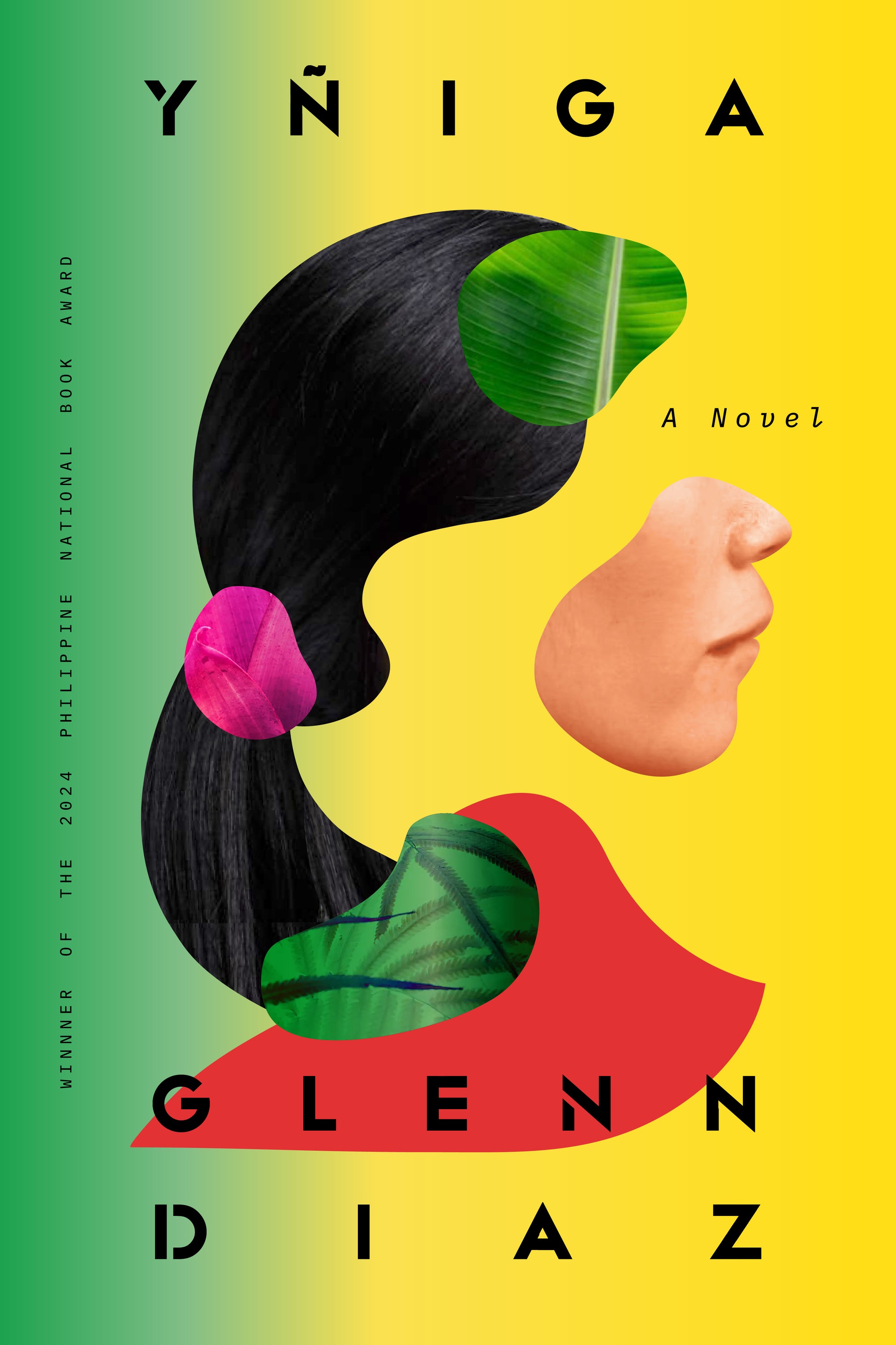 Book cover of 'Yñiga' by Glenn Diaz with abstract design of a woman and text on a yellow and green background