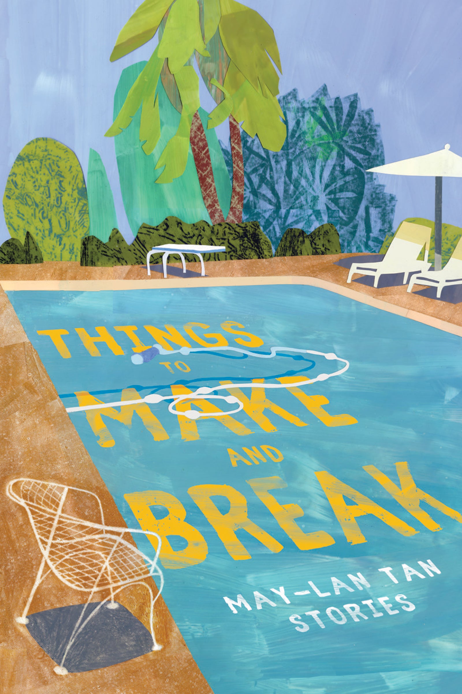 Book cover featuring illustration of a swimming pool and loungers with trees in the background with title in yellow text over the pool