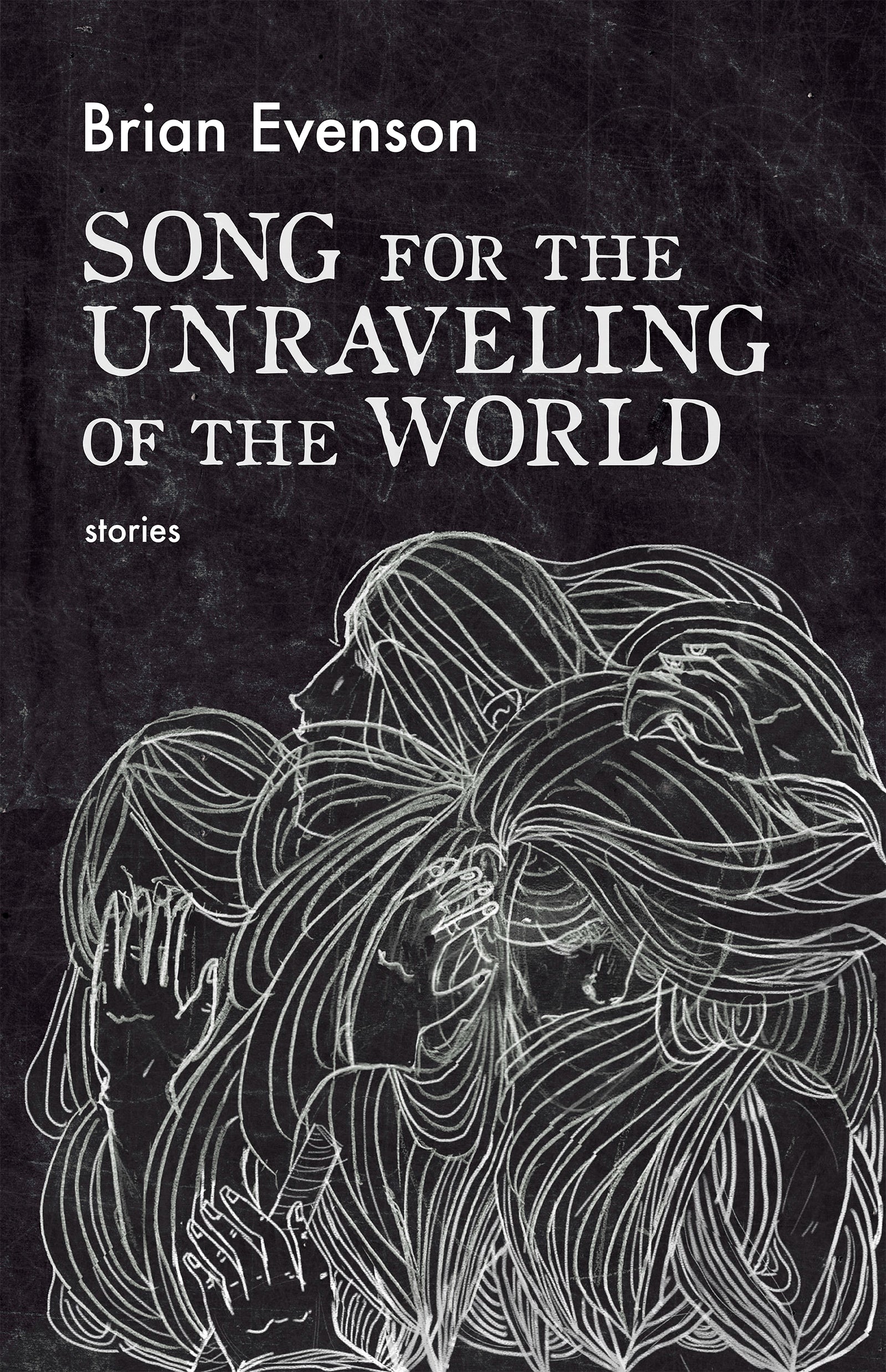 Book cover featuring a grey grainy background and a white drawn image of faces and hair blurring in and out of each other 