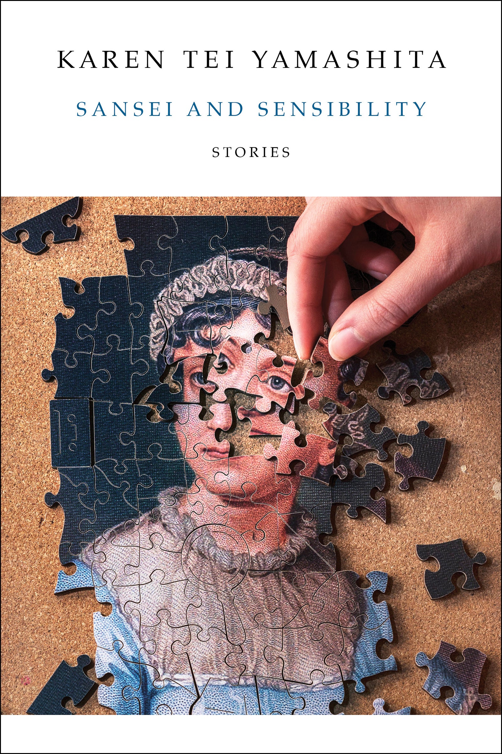 Book cover featuring a hand putting together a puzzle of a woman's face and shoulders with her eyes ajar looking off into the distance