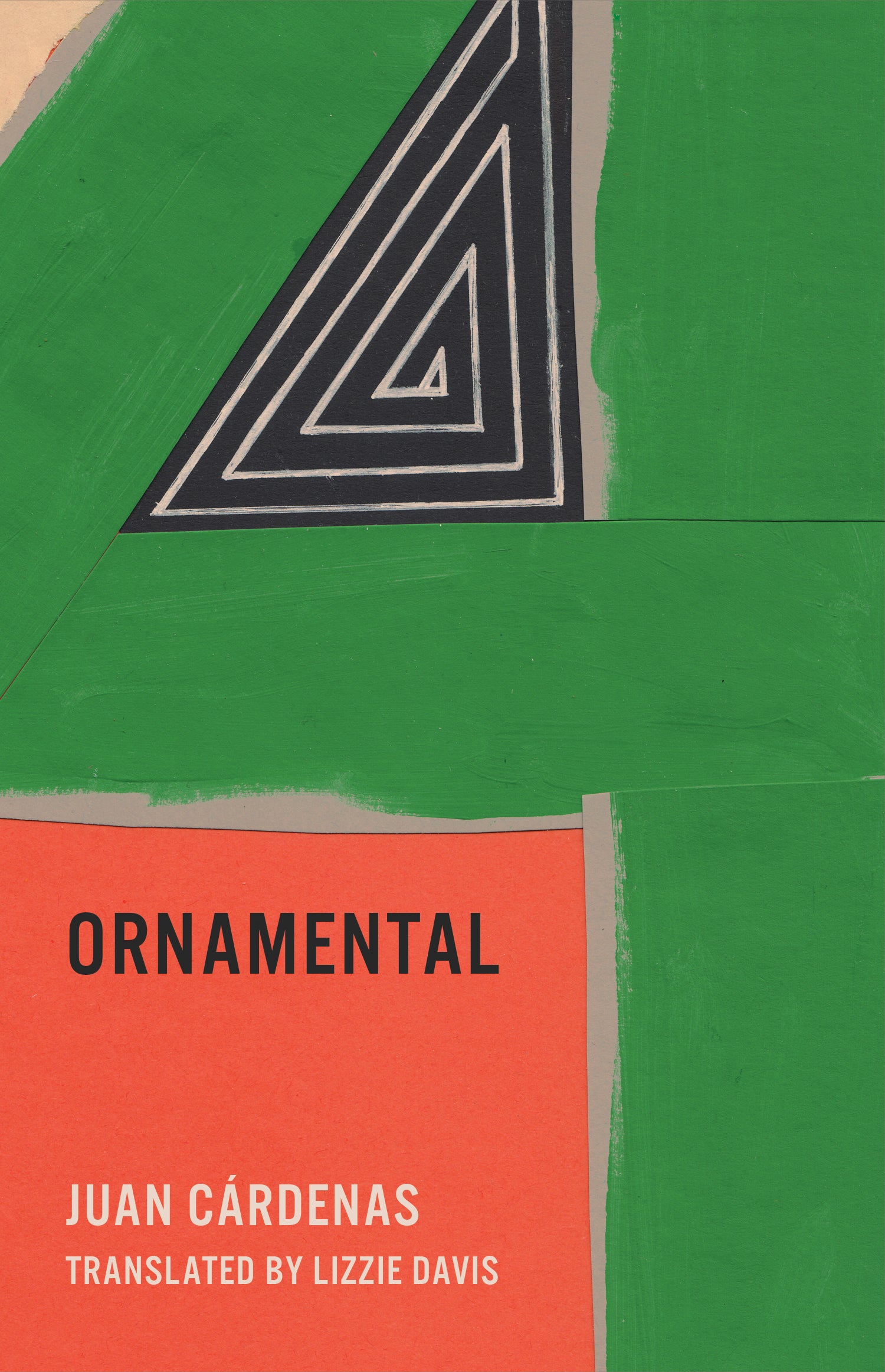 Book cover featuring green, red, and black, colors and shapes with a black triangle in the middle upper cover and a red square in the lower left with the title and author