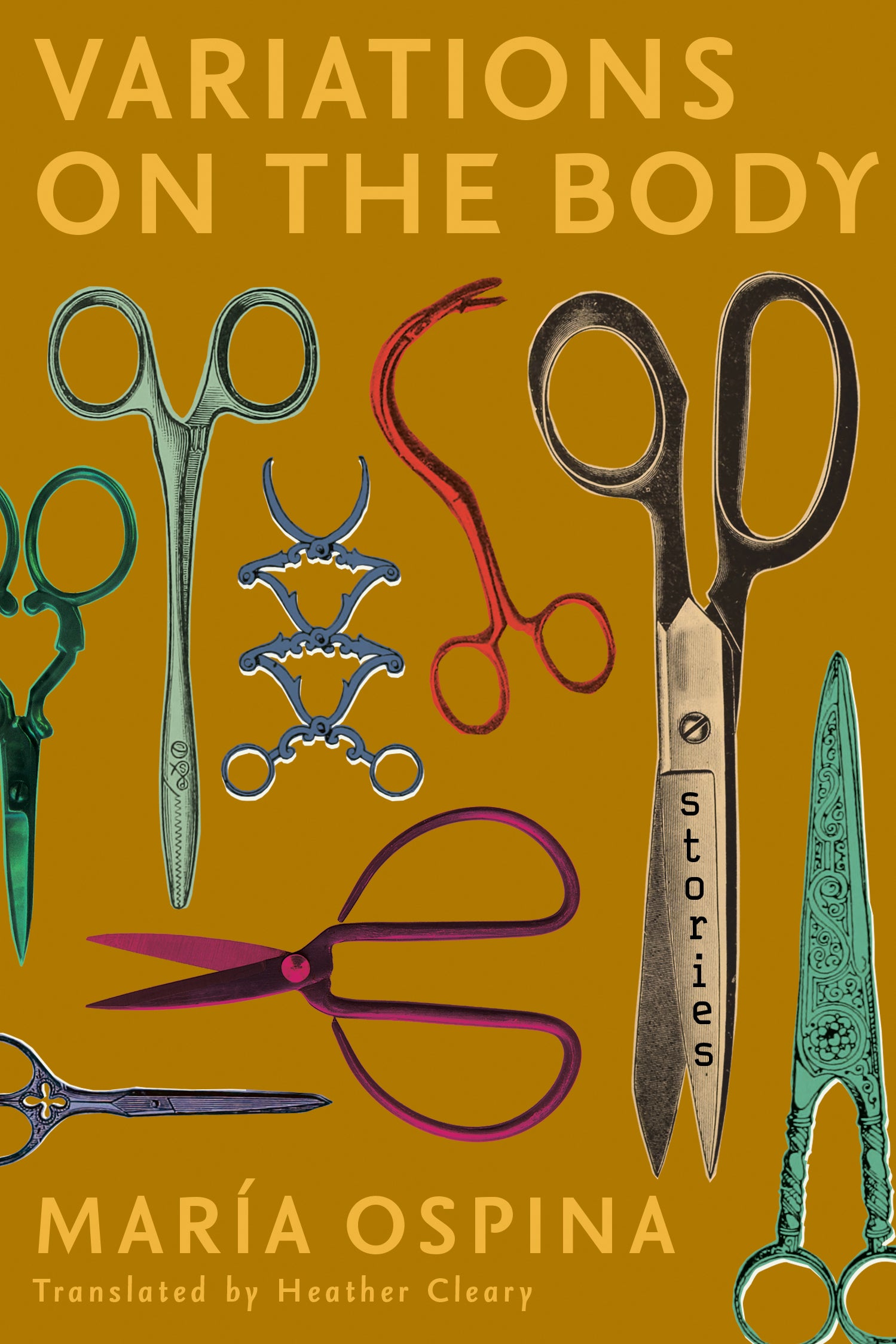 Book cover featuring various scissors from different time periods arranged over a mustard background 