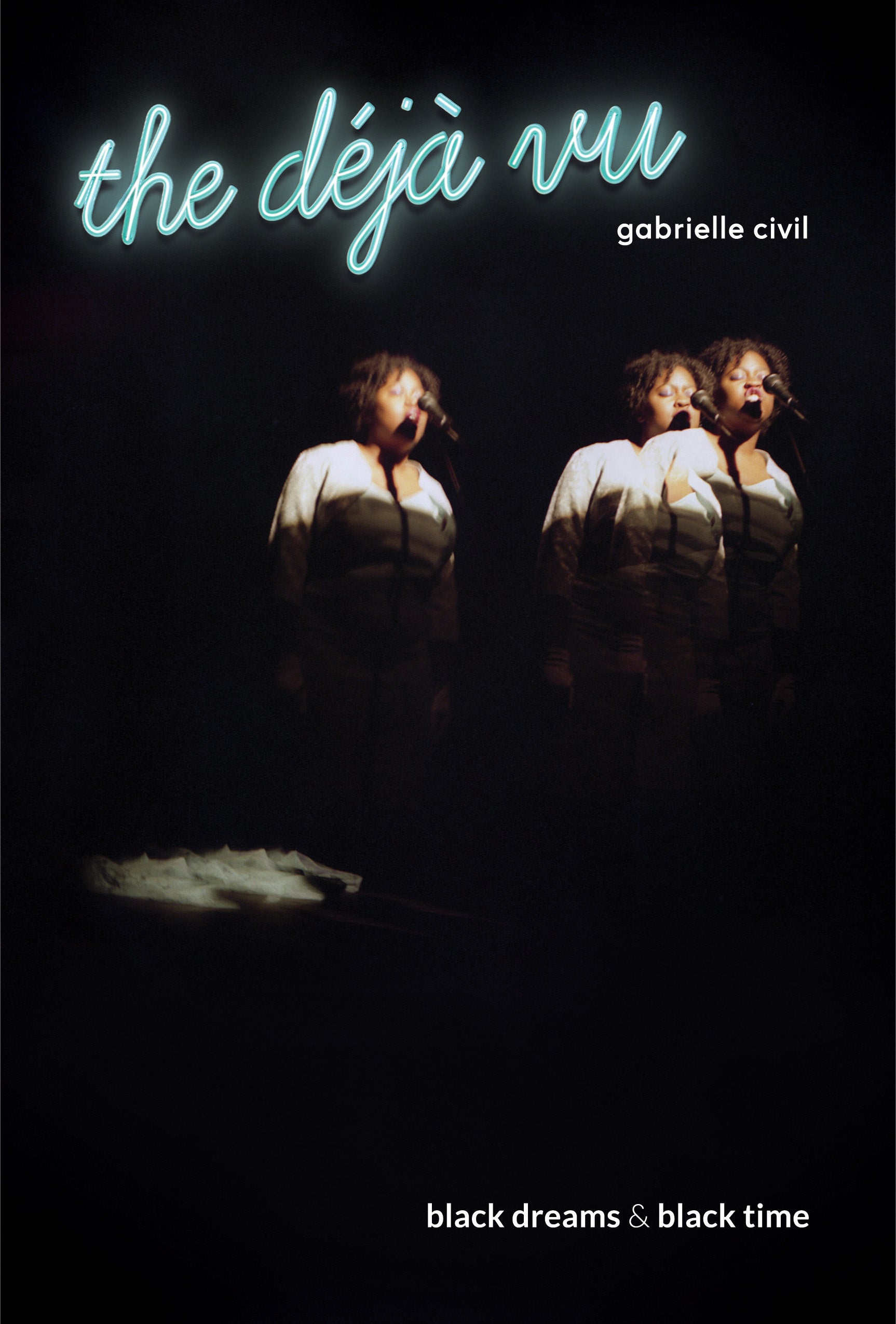 Book cover featuring three images of a woman speaking into a microphone blurred over each other and coming out of black darkness with the title in neon blue cursive at the top left 