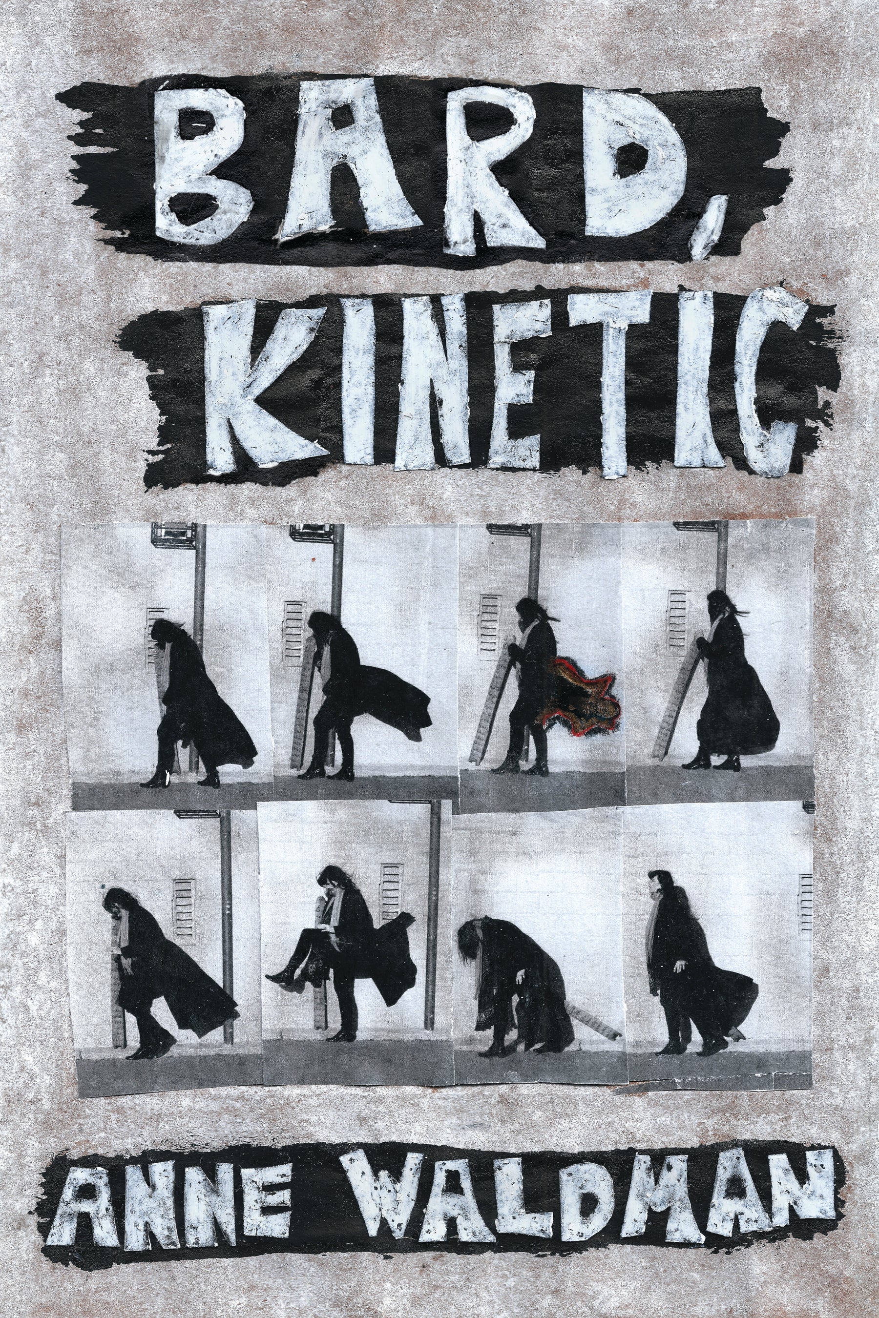 Book cover of a shaded grey background with the title and author in white and black chalky text and a centered row of black and white images of a woman in a long coat