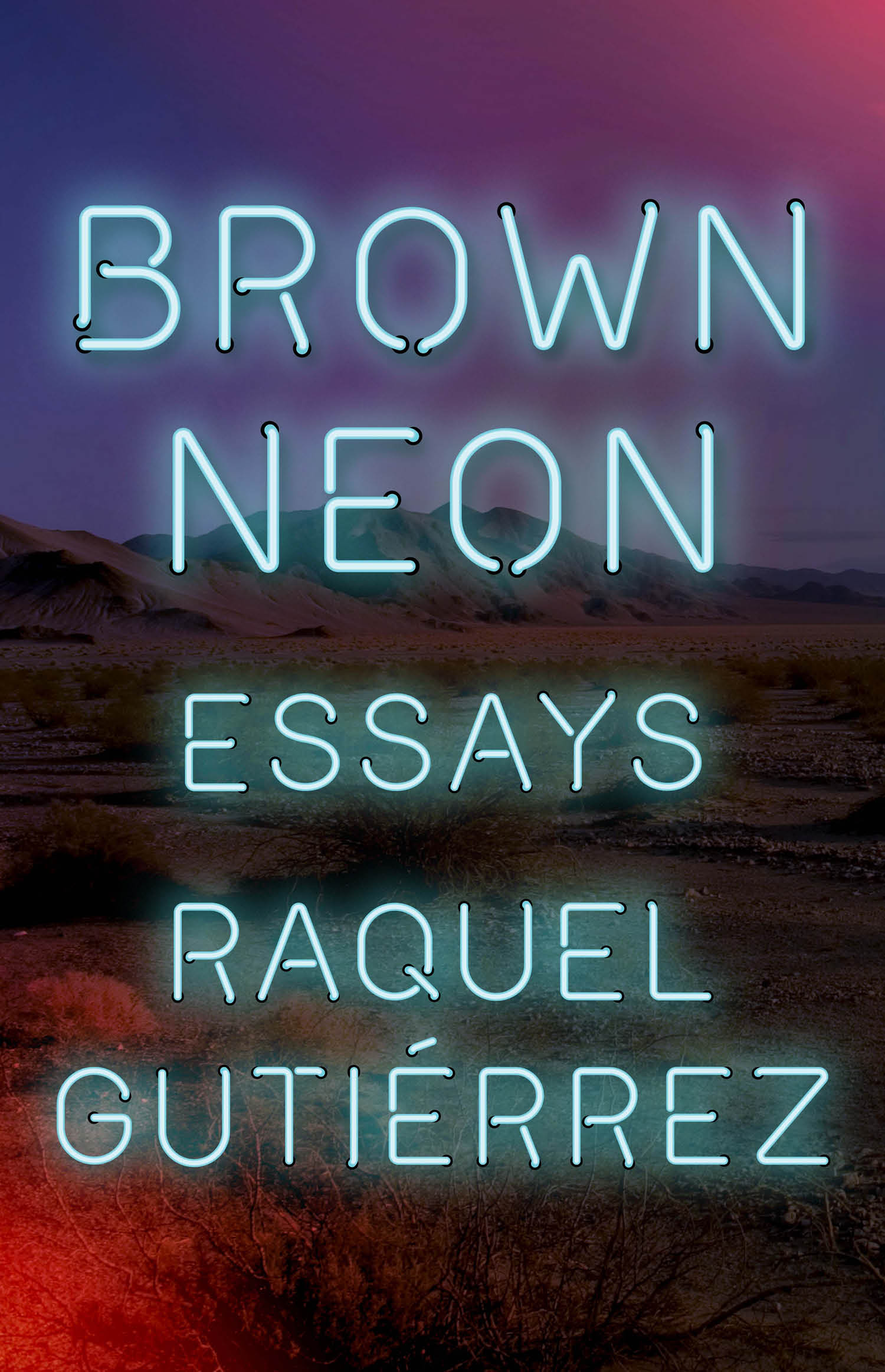 Book Cover featuring a dark image of a mountainous field landscape and night sky over which the title and author is written in neon sign font 