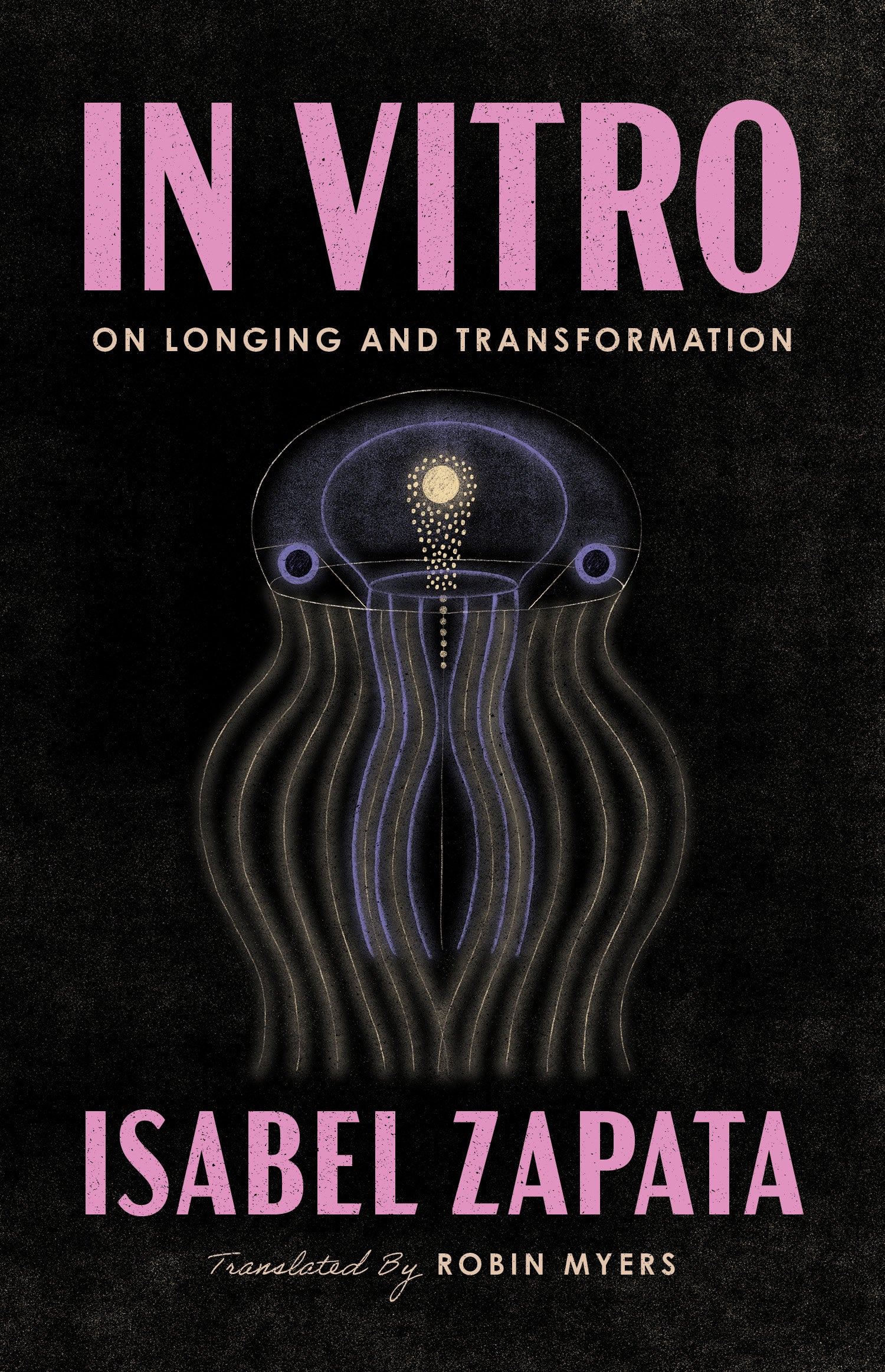 Book Cover featuring a dark jellyfish liek creature/shape in the center of a black background with the title and author in pink bold text