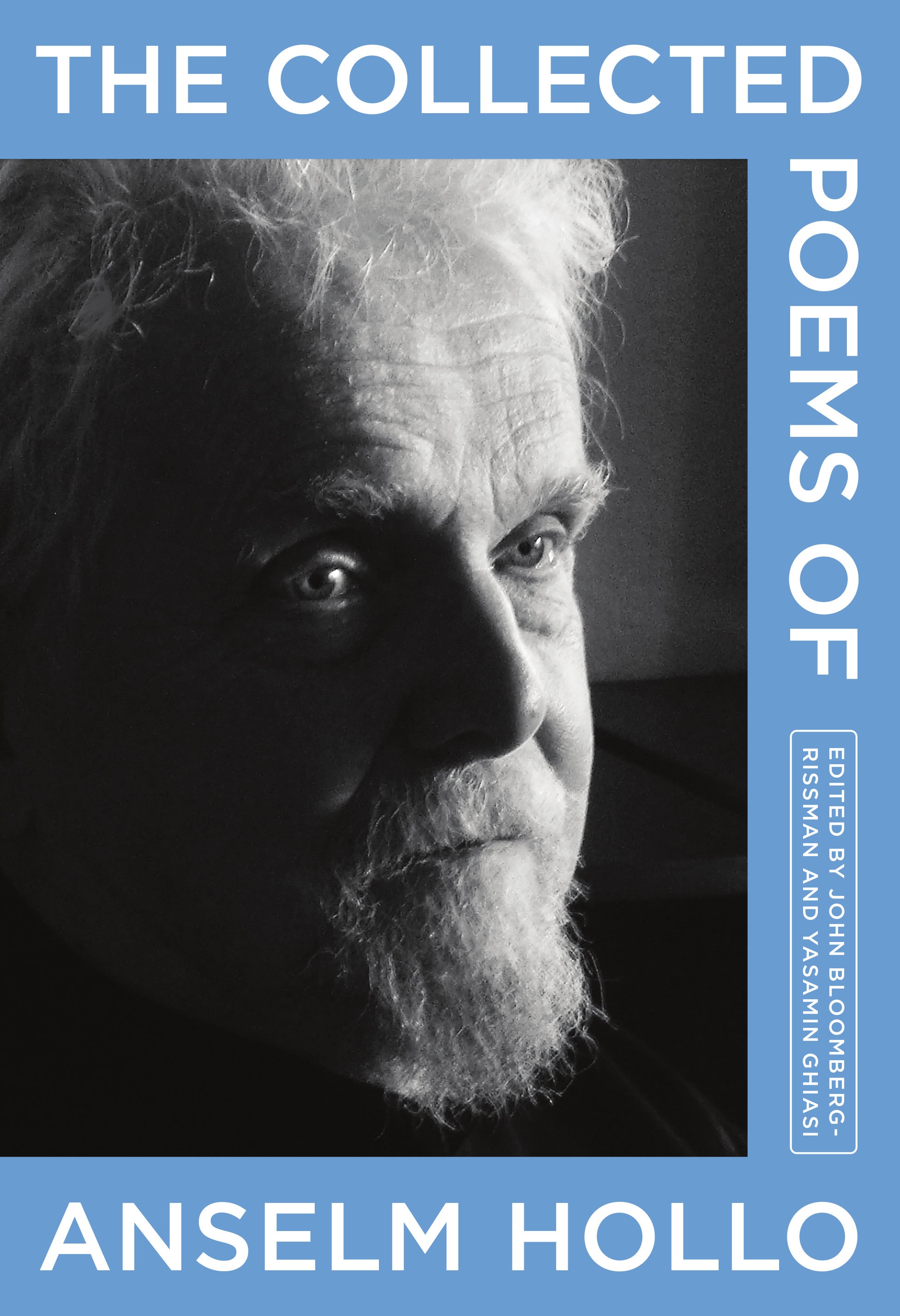 Book Cover featuring a black and white photo of the author bordered in a light blue with the title and author credits in white font over border