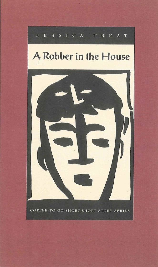 Cover of Jessica Treat's "A Robber in the House," featuring a black and white abstract image of a face on a red background. 