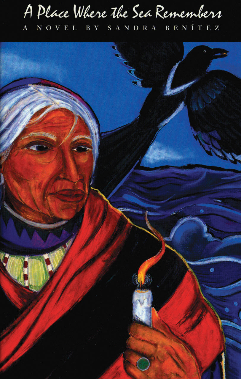 Cover of Sandra Benitez's "A Place Where the Sea Remembers," featuring an old lady holding a candle  with a bird flying behind her. 