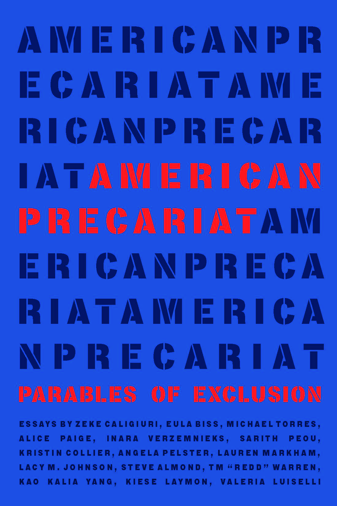 Book Cover featuring navy and red bold text that spells out the title multiple times over a bright blue background