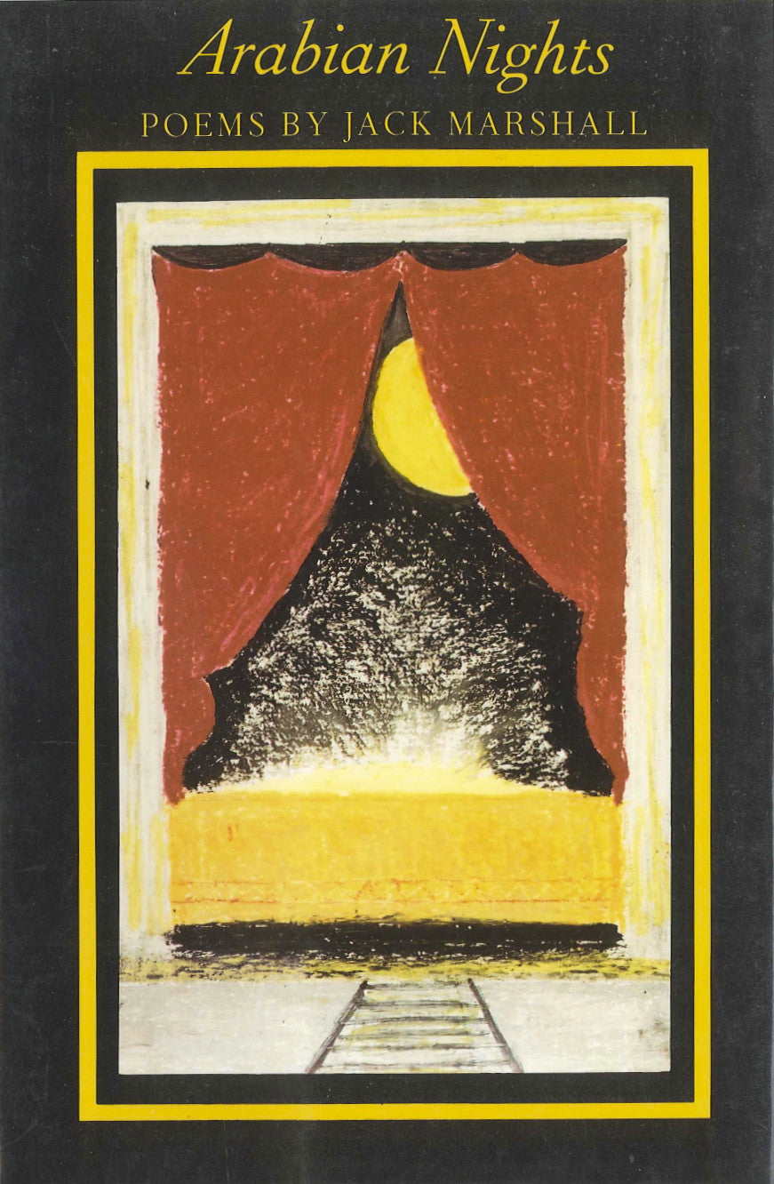 Cover of "Arabian Nights," by Jack Marshall, featuring a pastel drawing of a window looking at the rising moon and bordered by red curtains. 