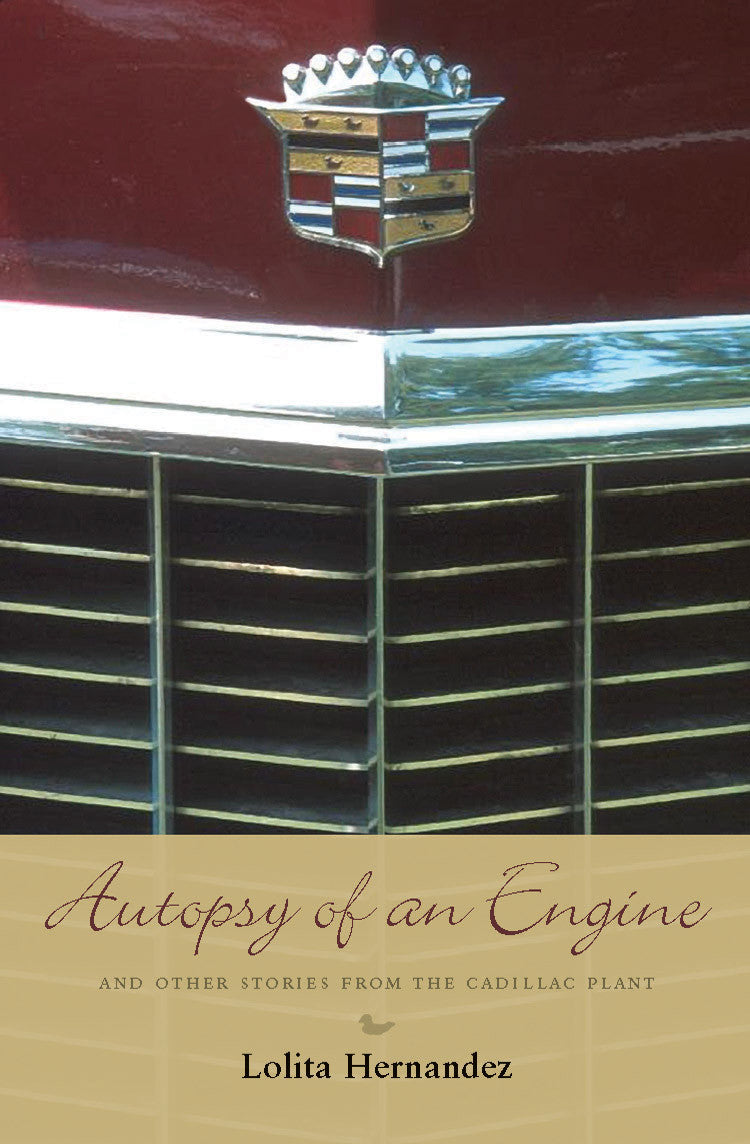 Cover of "Autopsy of an Engine," by Lolita Hernandez, featuring the front bumper of a red Cadillac, the Cadillac emblem, and the metallic grill. 