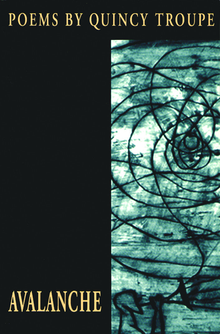 Cover for Quincy Toupe's "Avalanche," featuring a sketched figure playing a horn which releases a black swirling mass. 