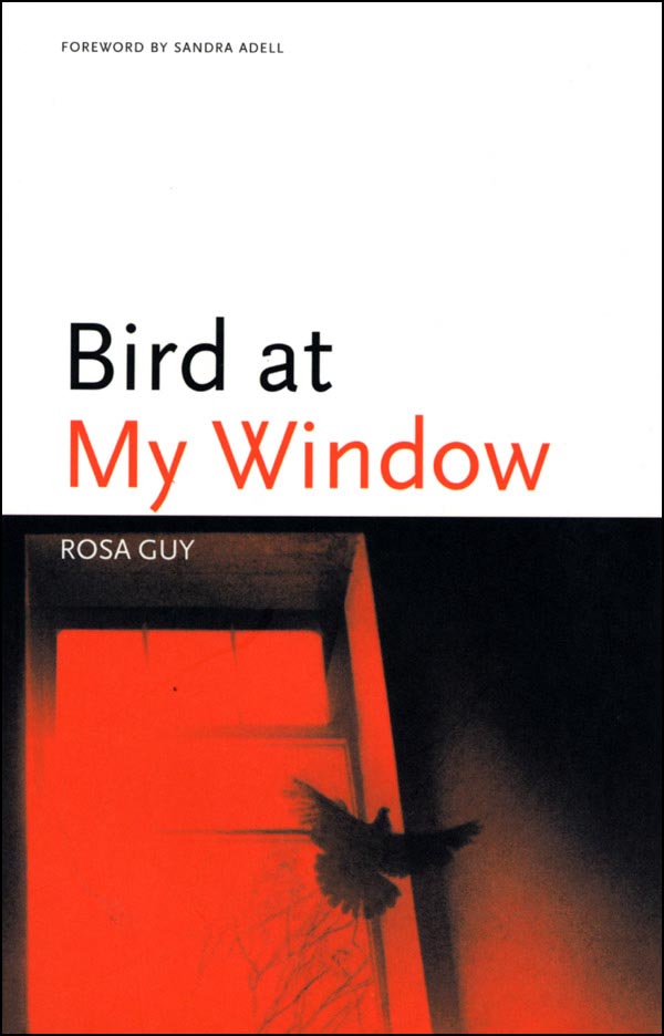 Cove4r of Rosa Guy's "Bird at My Window," with the top half all white and the bottom half features a bird flying through an open window that is shadowed in a red hue. 