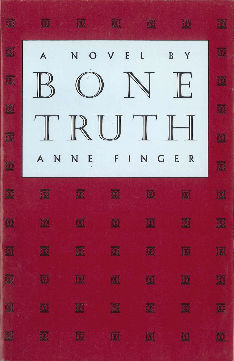 Cover of "Bone Truth," by Anne Finger on a red background and small black embellishments spaced evenly apart throughout the cover. 