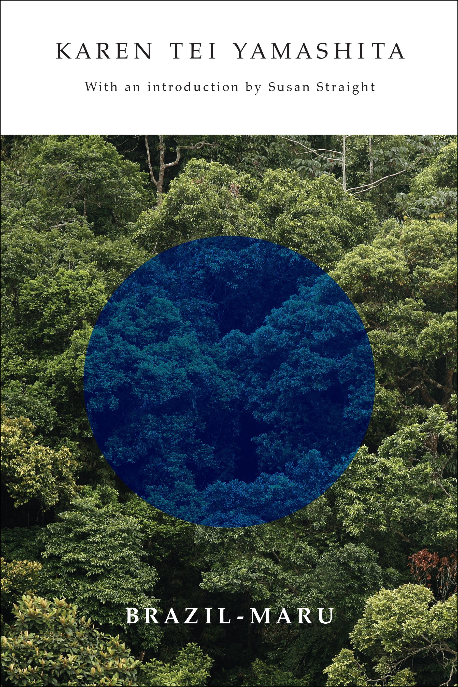 Book cover featuring image of a wooded forest canopy from above with a transparent blue circle in the middle of the image