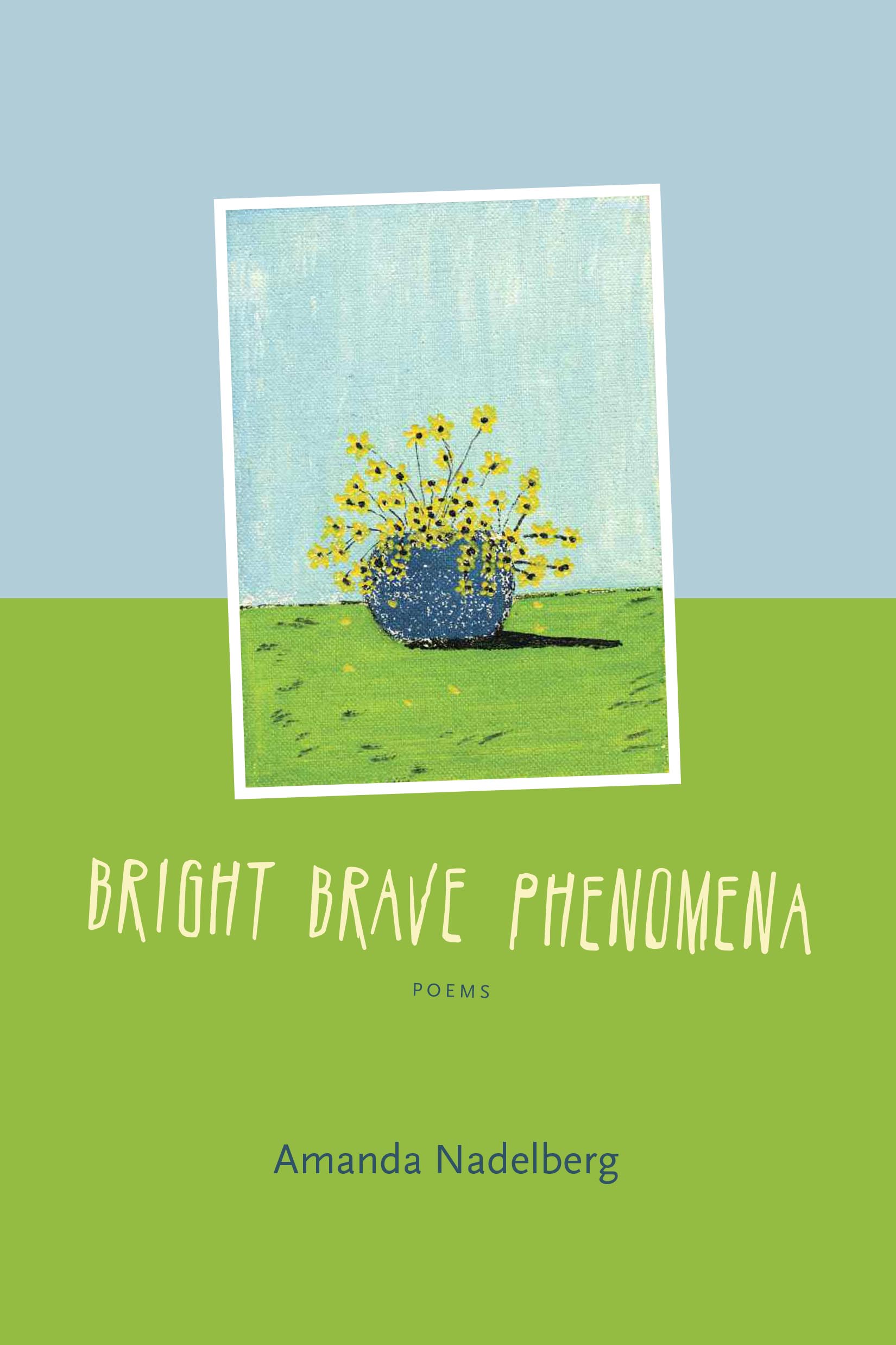 Cover of "Bright Brave Phenomena," by Amanda Nadelberg, featuring an abstract land meeting an abstract sky, as well as a smaller box containing an image of a more detailed land and sky with a blue vase and yellow flowers. 