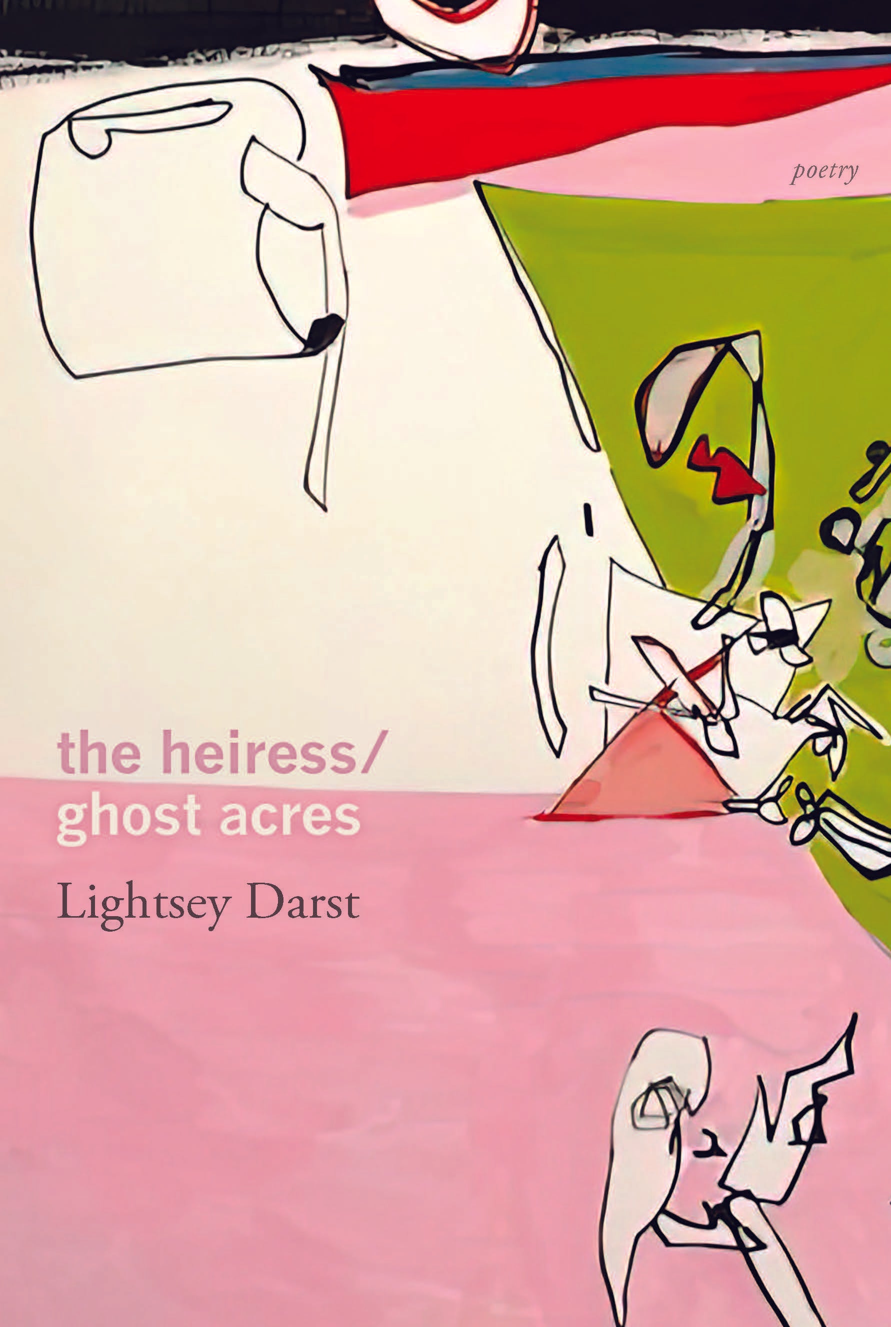 Book Cover featuring a multicolored background of abstract and geometric shapes shapes and line drawings. Lower half background is pink while upper half background is white.