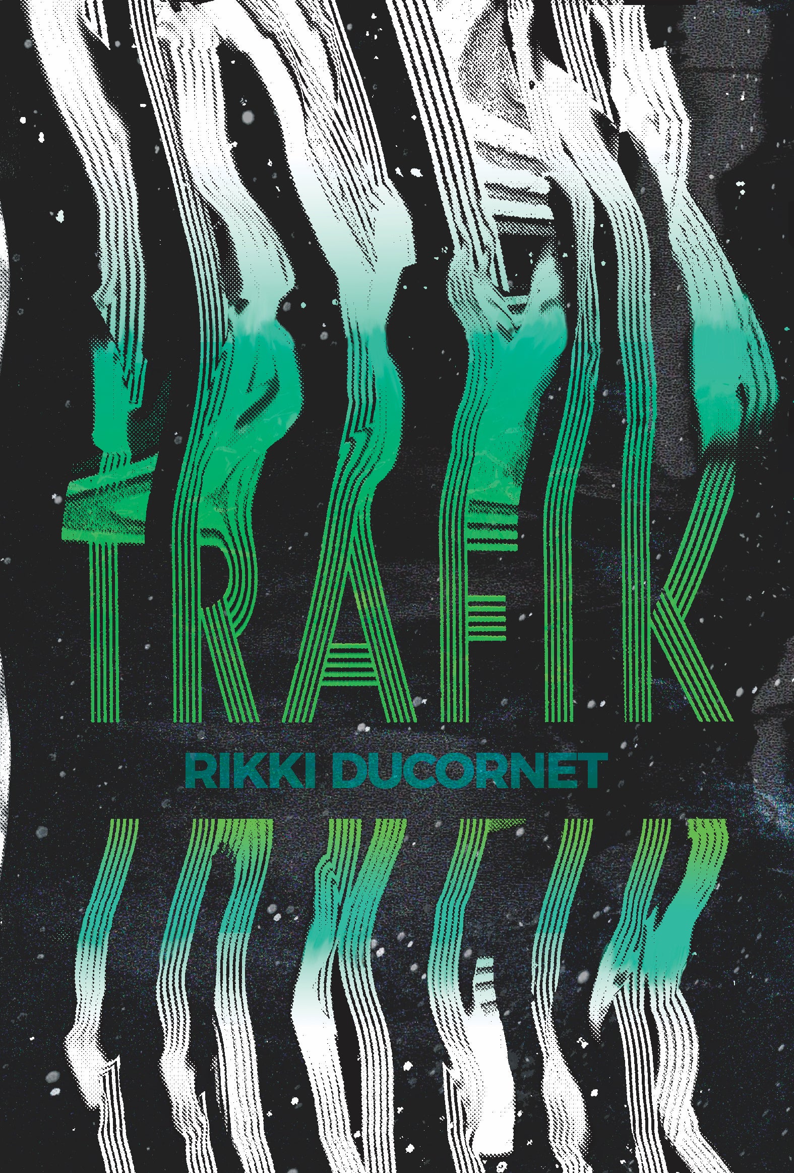 Black cover with title in green and white text being warped up and down the middle of the cover