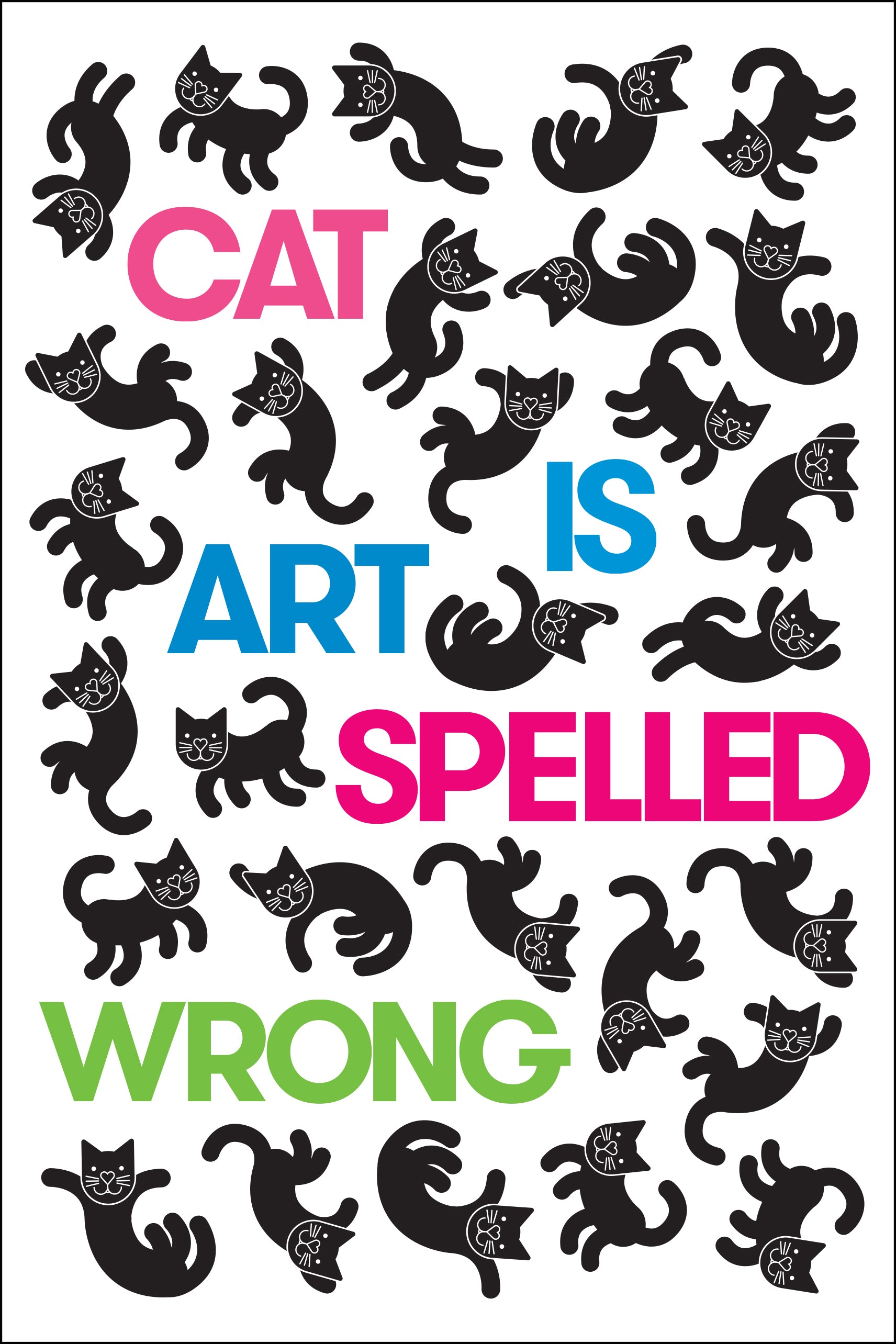 Cover of "Cat is Art Spelled Wrong," featuring several silhouettes of cats in various poses on a white background. 