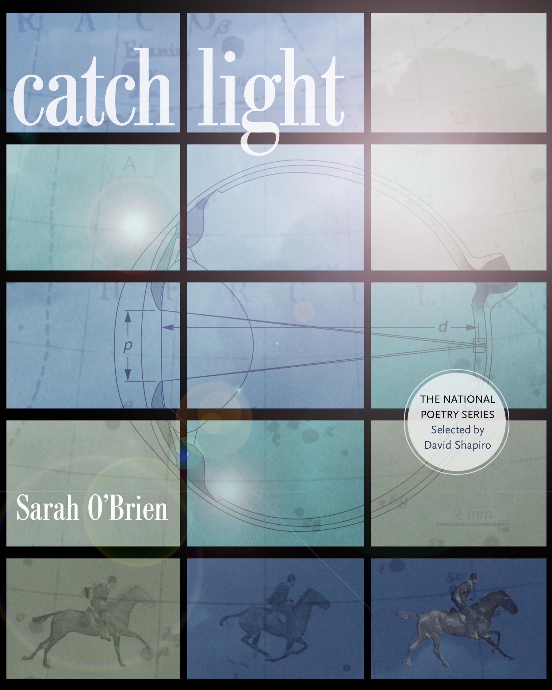 Cover of "Catch Light," by Sarah O'Brien, featuring 15 differently colored squares with images such as a jockey riding a horse, what looks like a math equation, and more. 