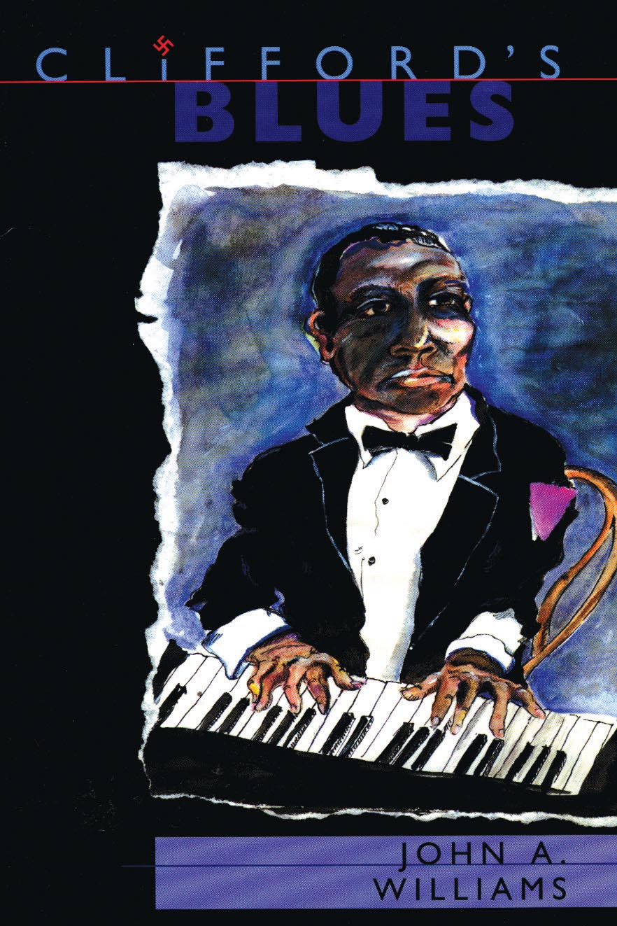 Cover of "Clifford's Blues," by John A. Williams, featuring a drawing of a Black man wearing a tuxedo and playing the piano. 