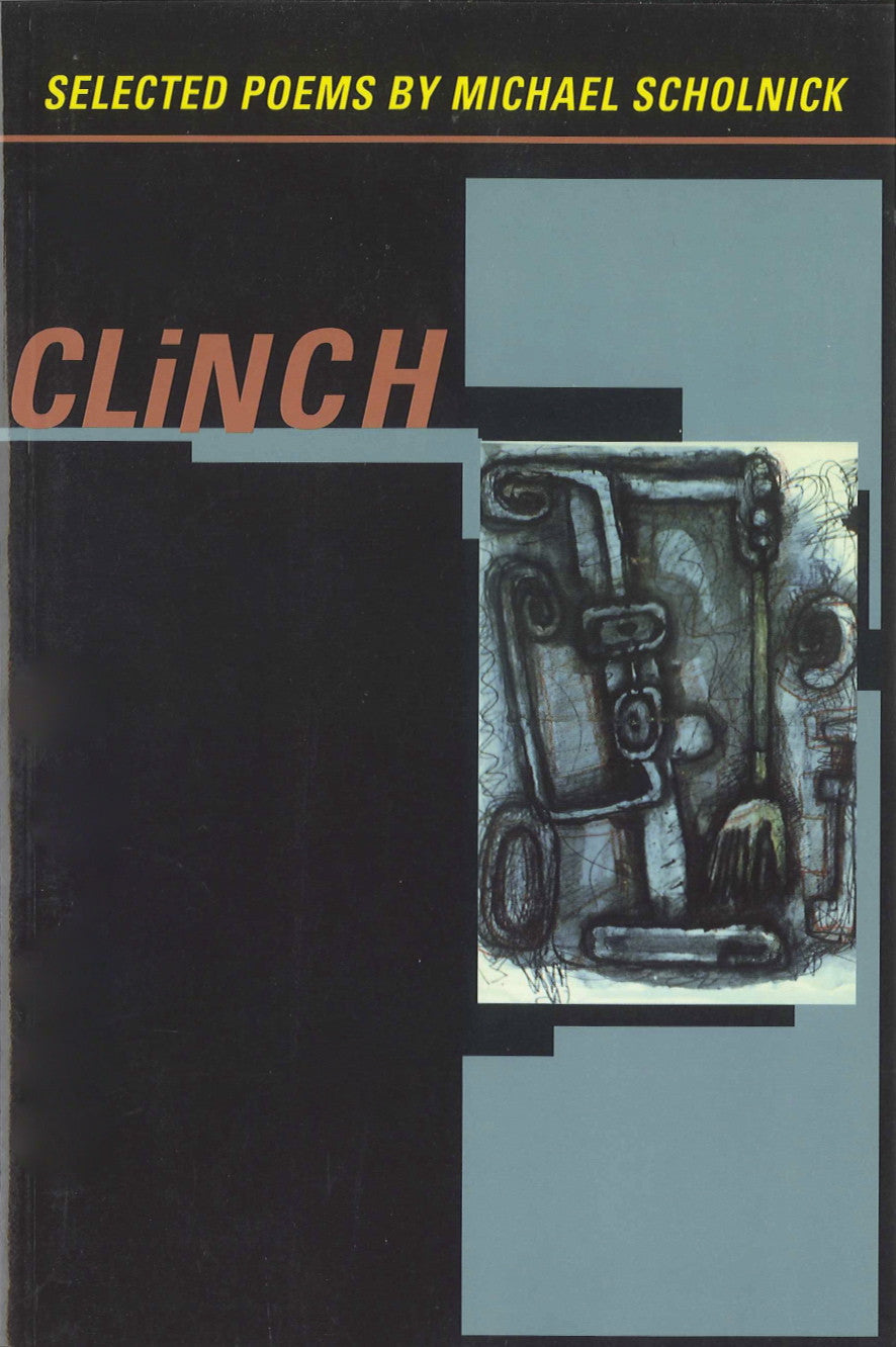 Cover of Michael Scholnick's "Clinch," which has a drawer with abstract utensils and a black and blue background. 