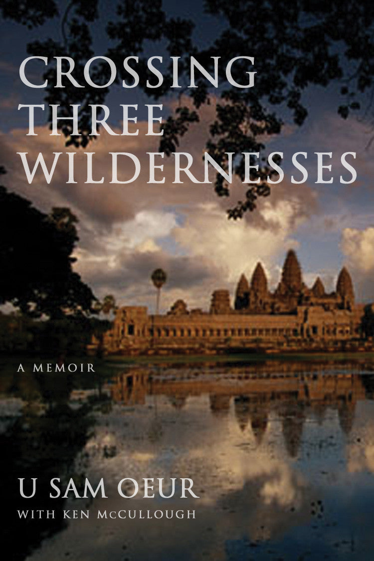Cover of "Crossing Three Wildernesses," by U Sam Oeur, which focuses on an ancient structure on the shores of a body of water, as well as a cloudy sky. 