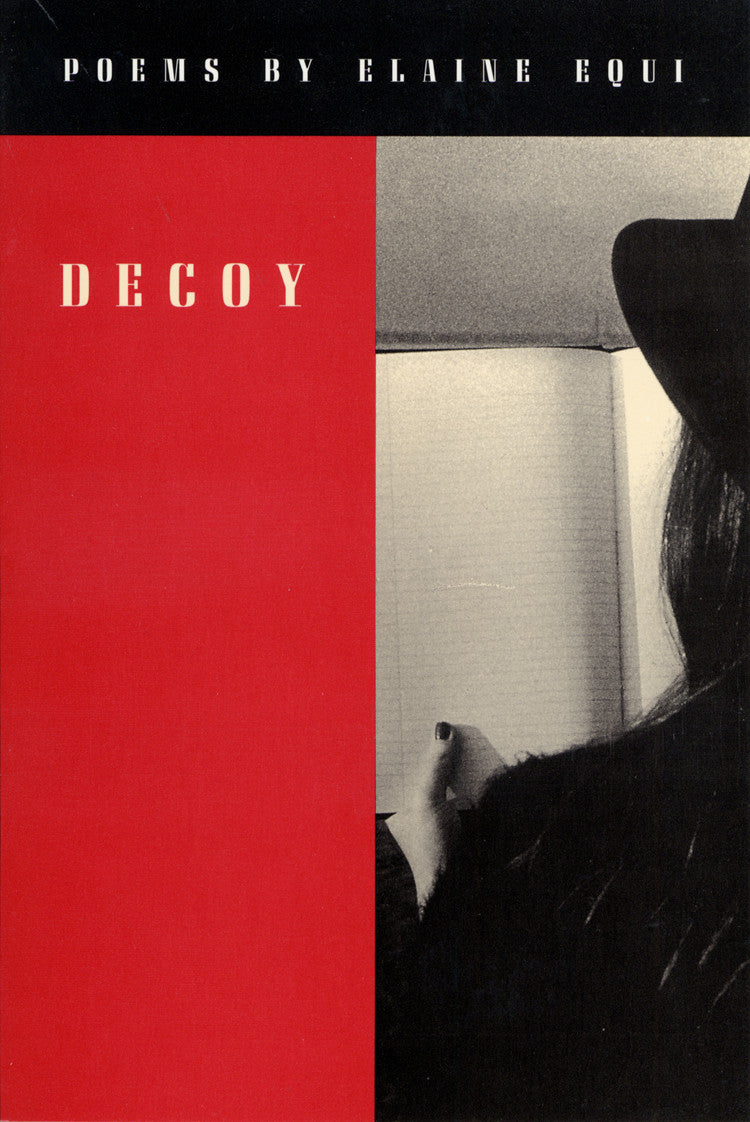 Cover of "Decoy," by Elaine Equi, focusing on a black and white image of the the back half of someone's head while they look at an empty notebook. 