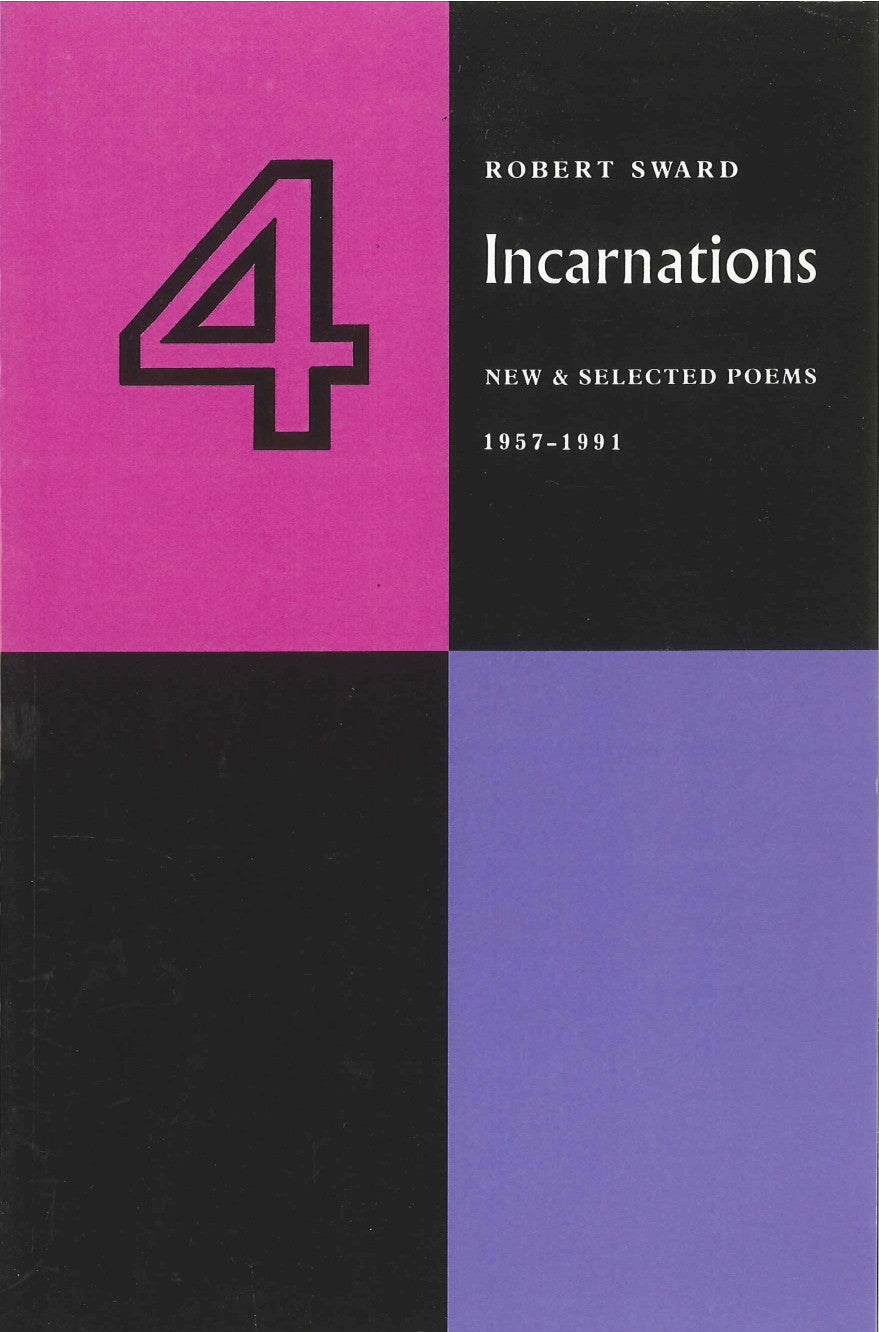 Cover of "Four Incarnations," by Robert Sward, featuring a pink rectangle in the left corner that contains the number 4, and a purple rectangle in the bottom right corner. The other two corners are black in color. 