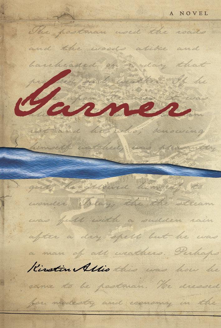 Cover of "Garner," by Kirstin Allio, featuring a piece of parchment with writing on it and a blue ribbon that cuts across the middle. 