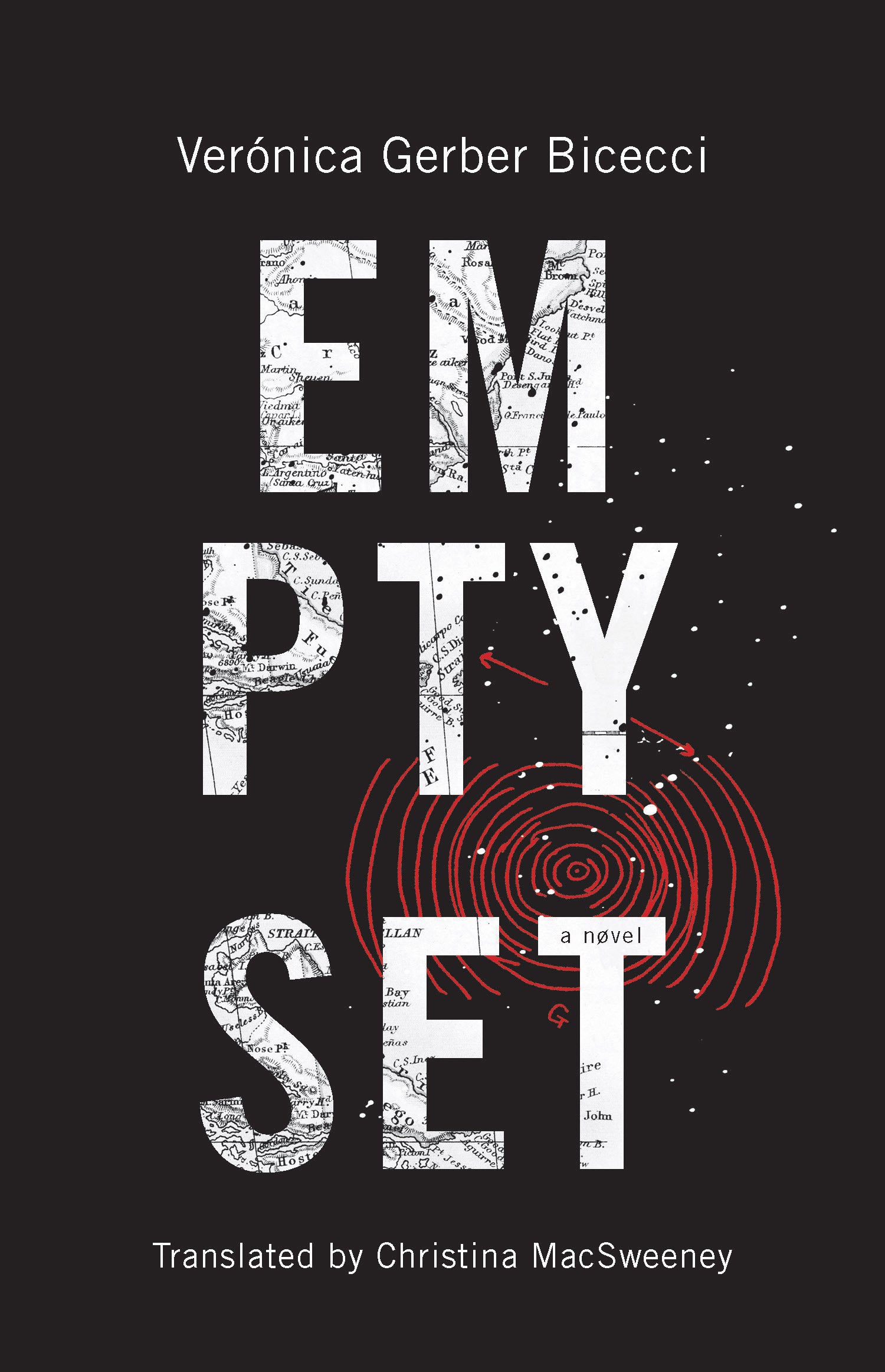 Book cover featuring title in white text in which you can see pieces of a map over a black background with a small set of red tree rings lined in the bottom right corner