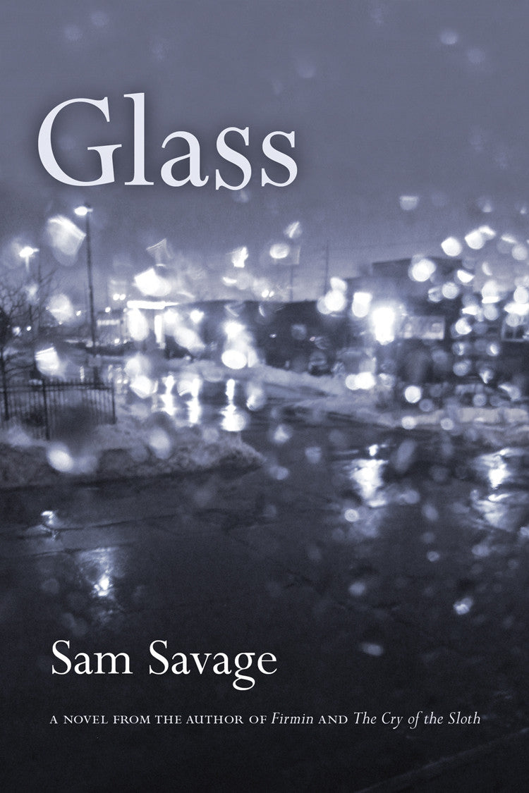 Cover of &quot;Glass,&quot; by Same Savage, which looks on to a rainy night through a window, featured in black and white. 
