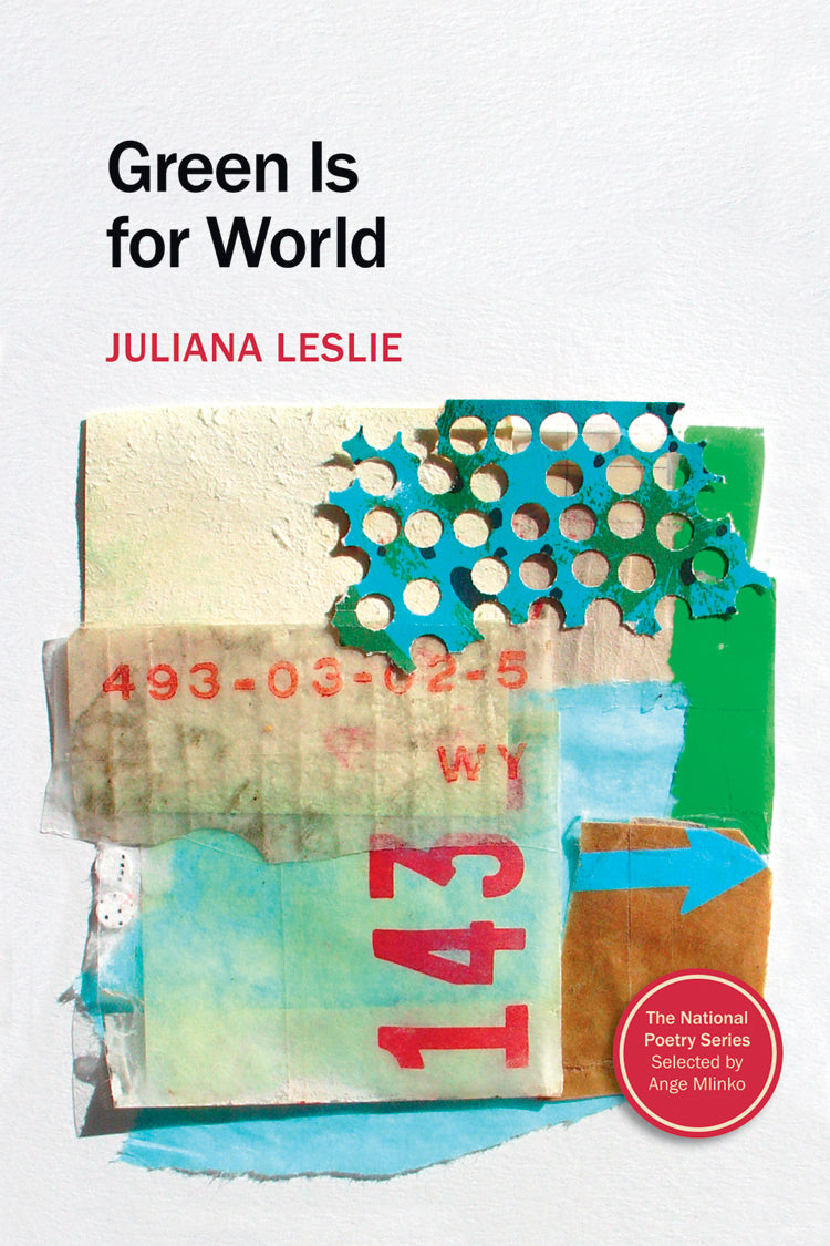 Cover of "Green is for World," by Juliana Leslie, focusing on the image of several scraps of paper in various shades of blues, greens, and whites. 