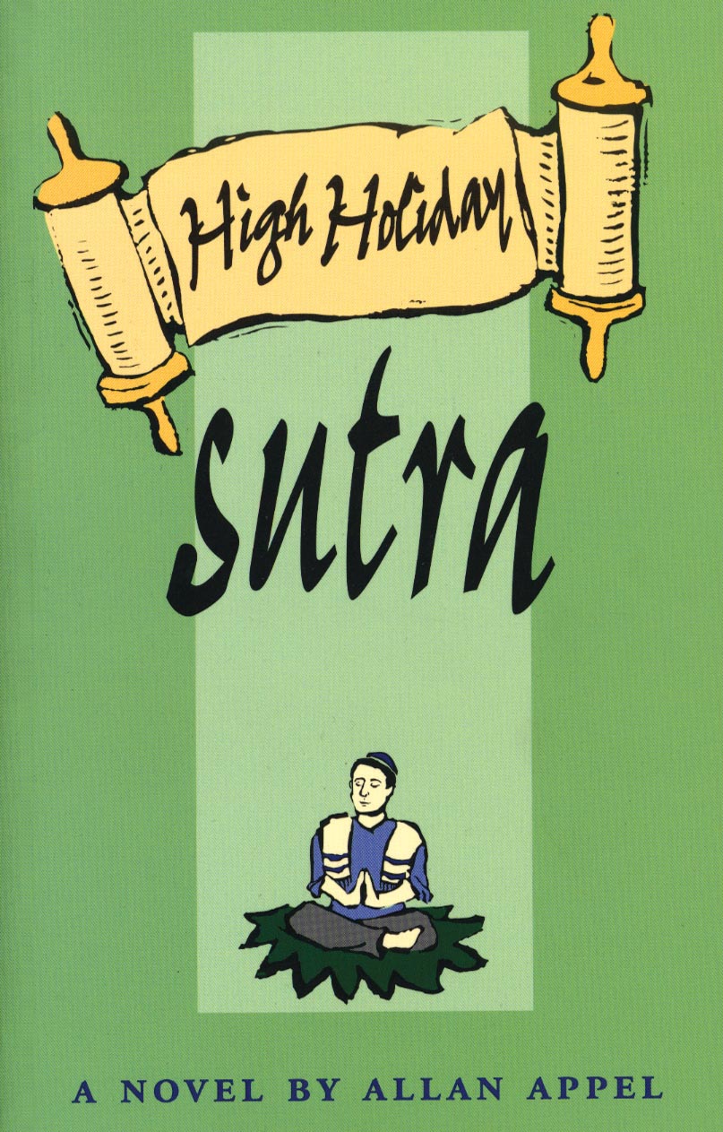 Cover of "High Holiday Sutra," by Allan Appel, featuring a green background, part of the title contained in a cartoon scroll, and the figure of a cartoon man sitting in the Lotus position. 