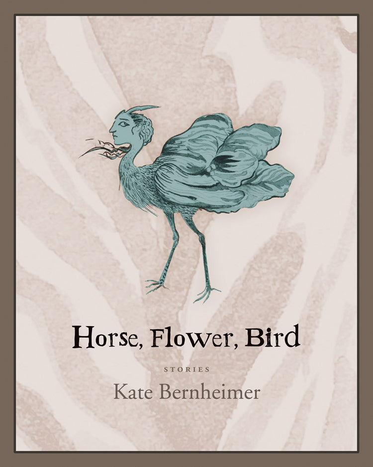 Cover of "Horse, Flower, Bird," by Kate Bernheimer, featuring a blue creature; the body of an ostrich, the head of a woman, and feathers in the shape of a large flower. 
