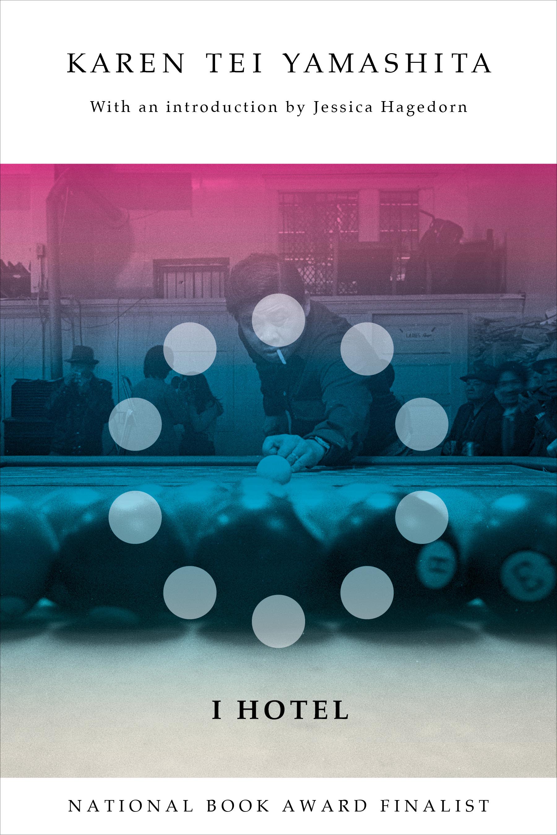 Book cover featuring a pink, blue, and white gradient image of a man about to take the break shot at the beginning of a pool game from the perspective of the opposite side of the table