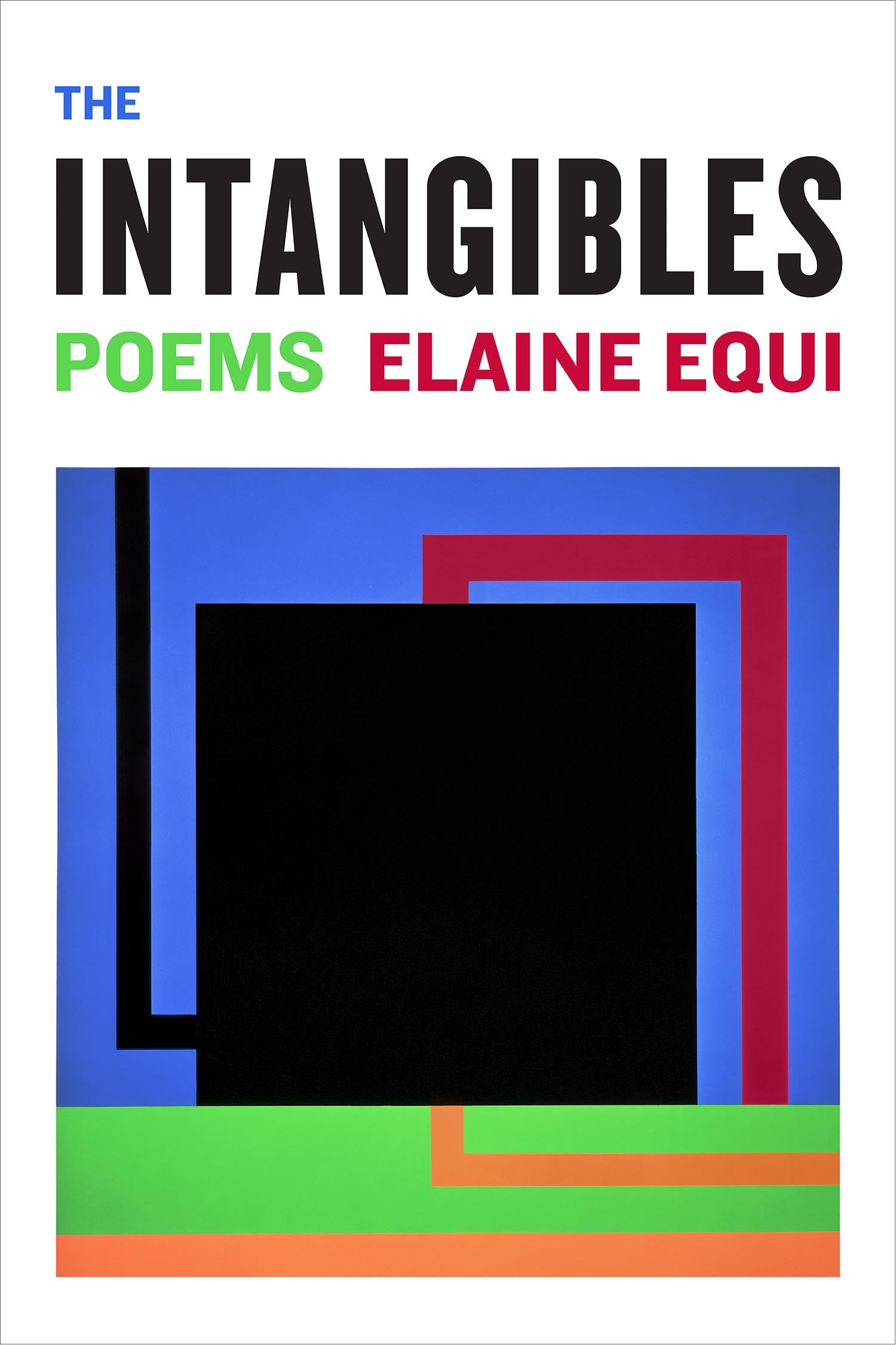 Book cover featuring squares and lines of multiple colors on a white background with a black square in the middle. Title and author above the square image in bold text of matching colors