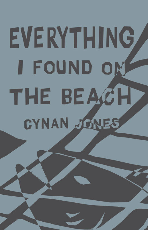 Cover of "Everything I Found On The Beach," by Cynan Jones, with a blue background and an black drawing of a fish stuck in a net. 