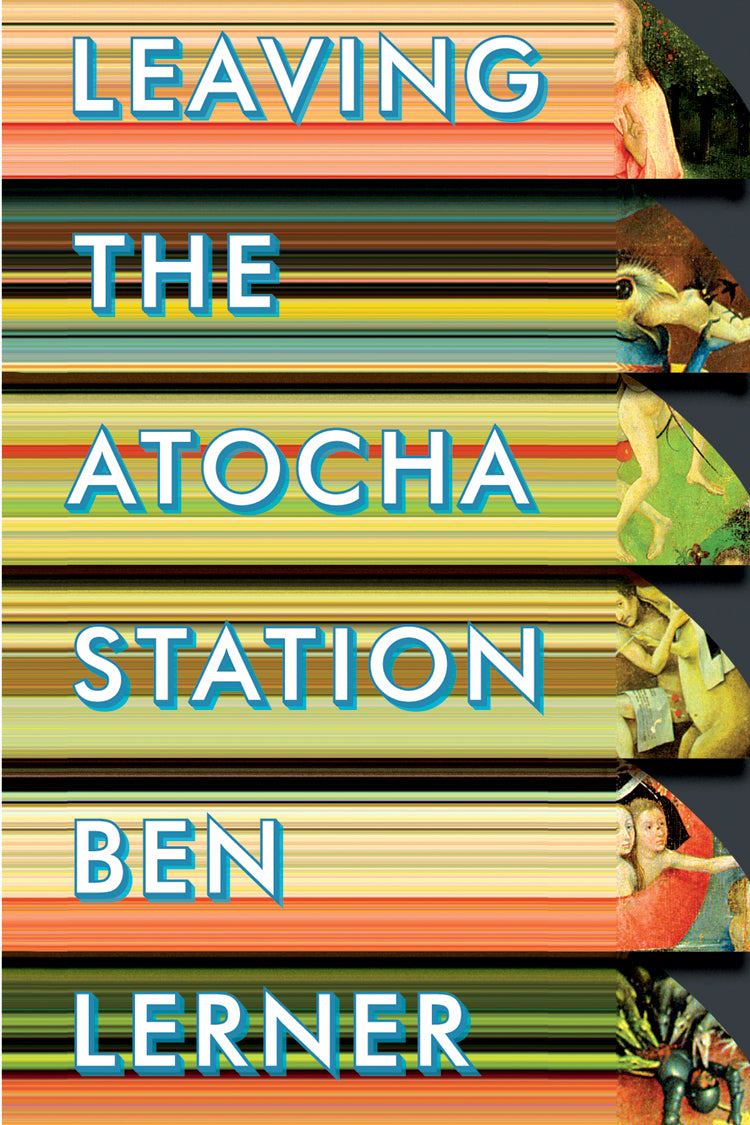 Cover of "Leaving the Atocha Station," by Ben Lerner, which contains six different images that have all ben stretched out of proportion, so that it is difficult to tell what the original image was. 