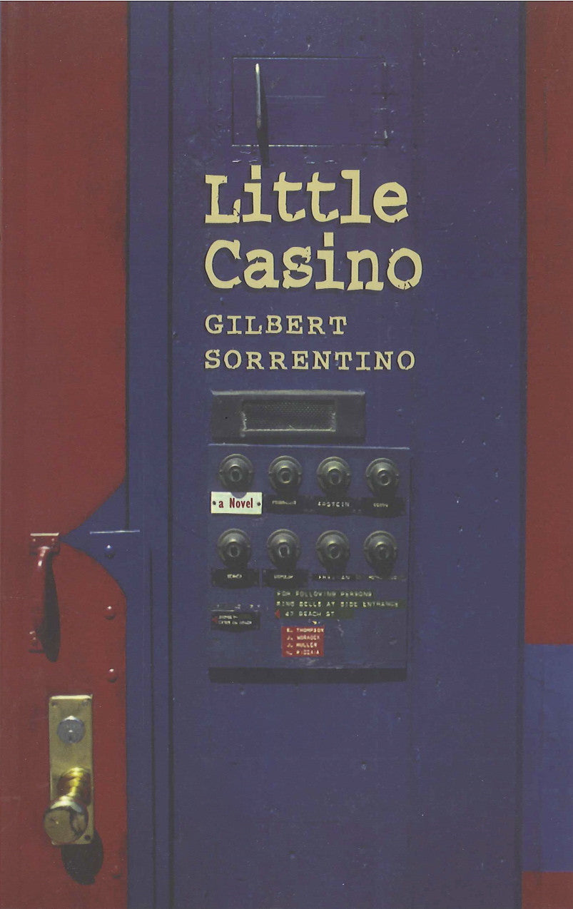 Cover of "Little Casino," by Gilbert Sorrentino, which shows a red door next to a purple wall panel; and on that panel there are several buttons that are labeled, a little slot, and a handle. 