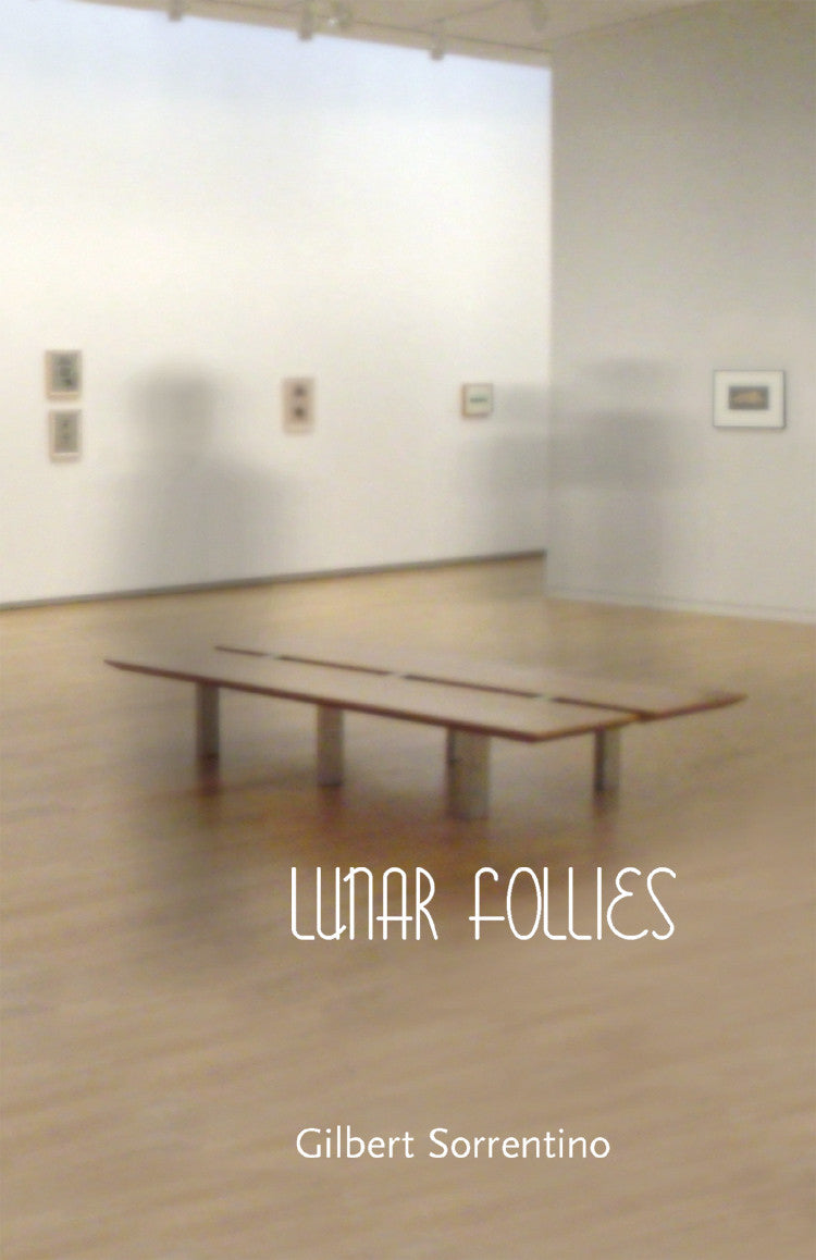 Cover of "Lunar Follies," by Gilbert Sorrentino, which focuses on the image of a bench in some sort of gallery, as well as the blurred images of three bodiless shadows.